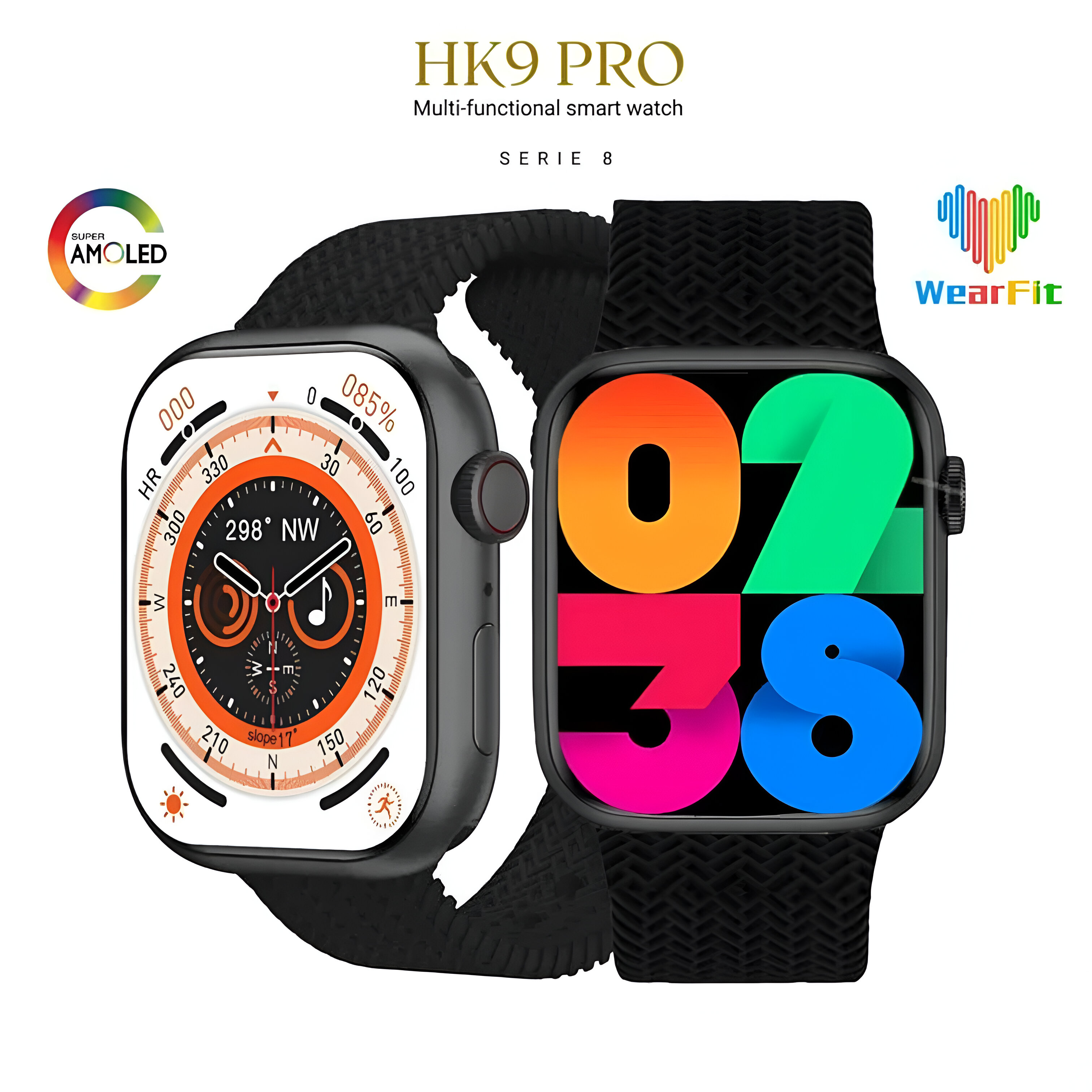 Un reloj inteligente muestra una interfaz colorida. Tiene una correa negra y el texto 'HK9 PRO' es visible.
