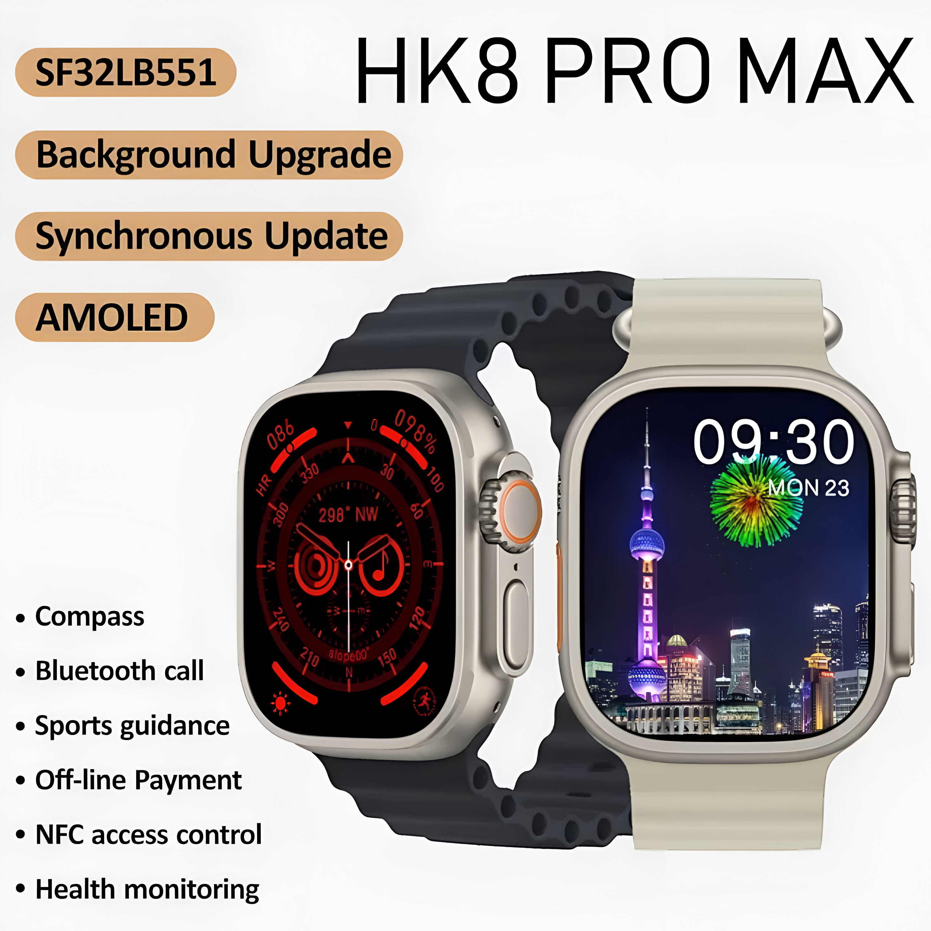 Smartwatch con dos diseños, mostrando funciones como brújula, Bluetooth y control de salud.