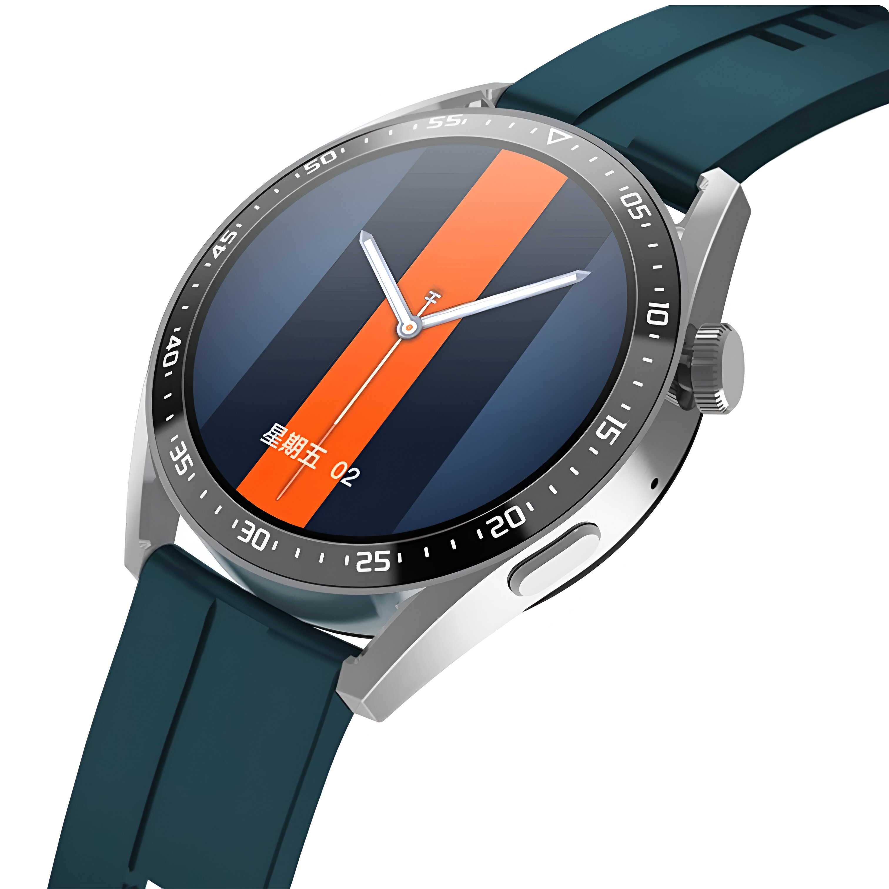Un reloj inteligente plateado con una correa azul muestra una franja naranja sobre un fondo azul.