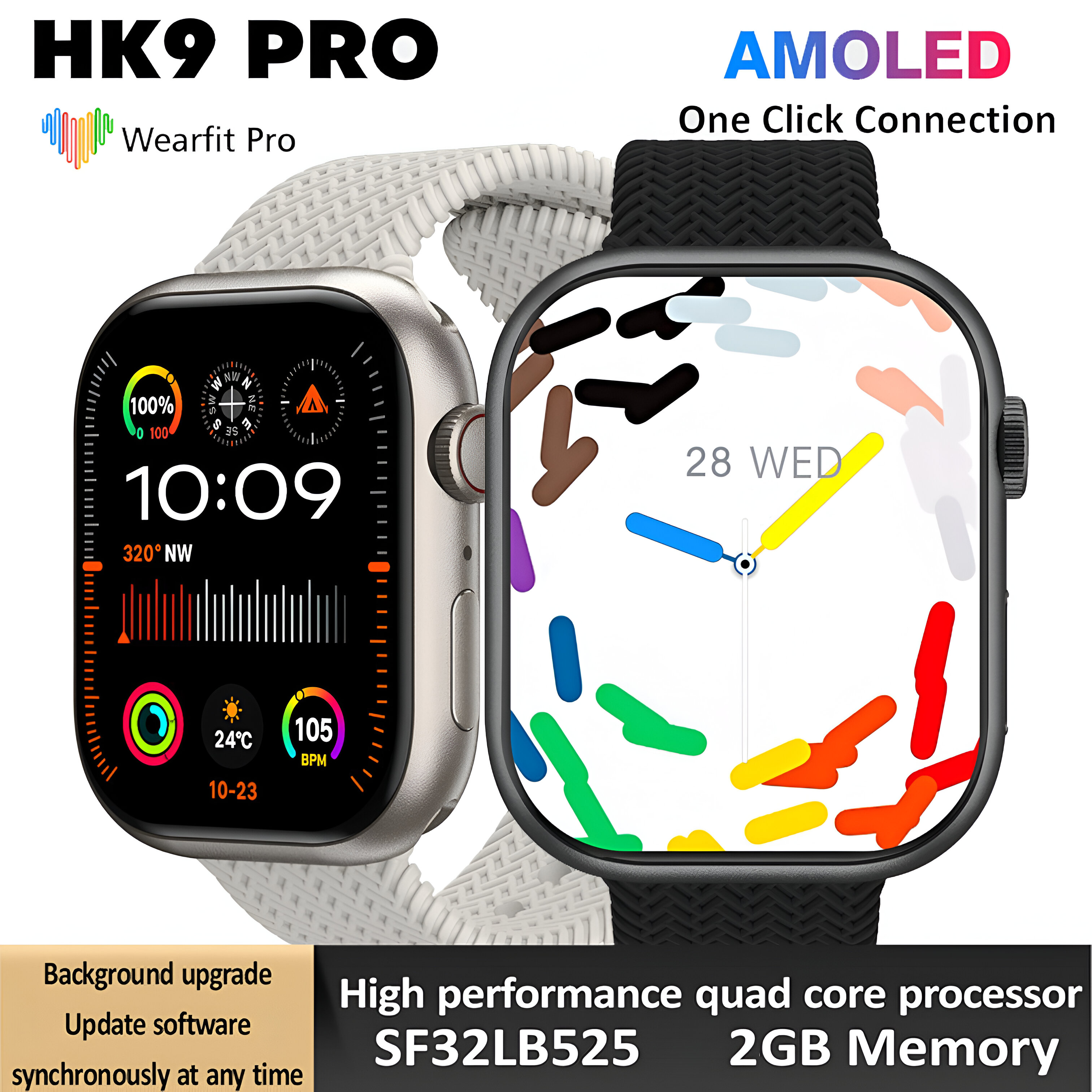 Reloj inteligente que muestra la hora y métricas de salud. Está junto a otro reloj.