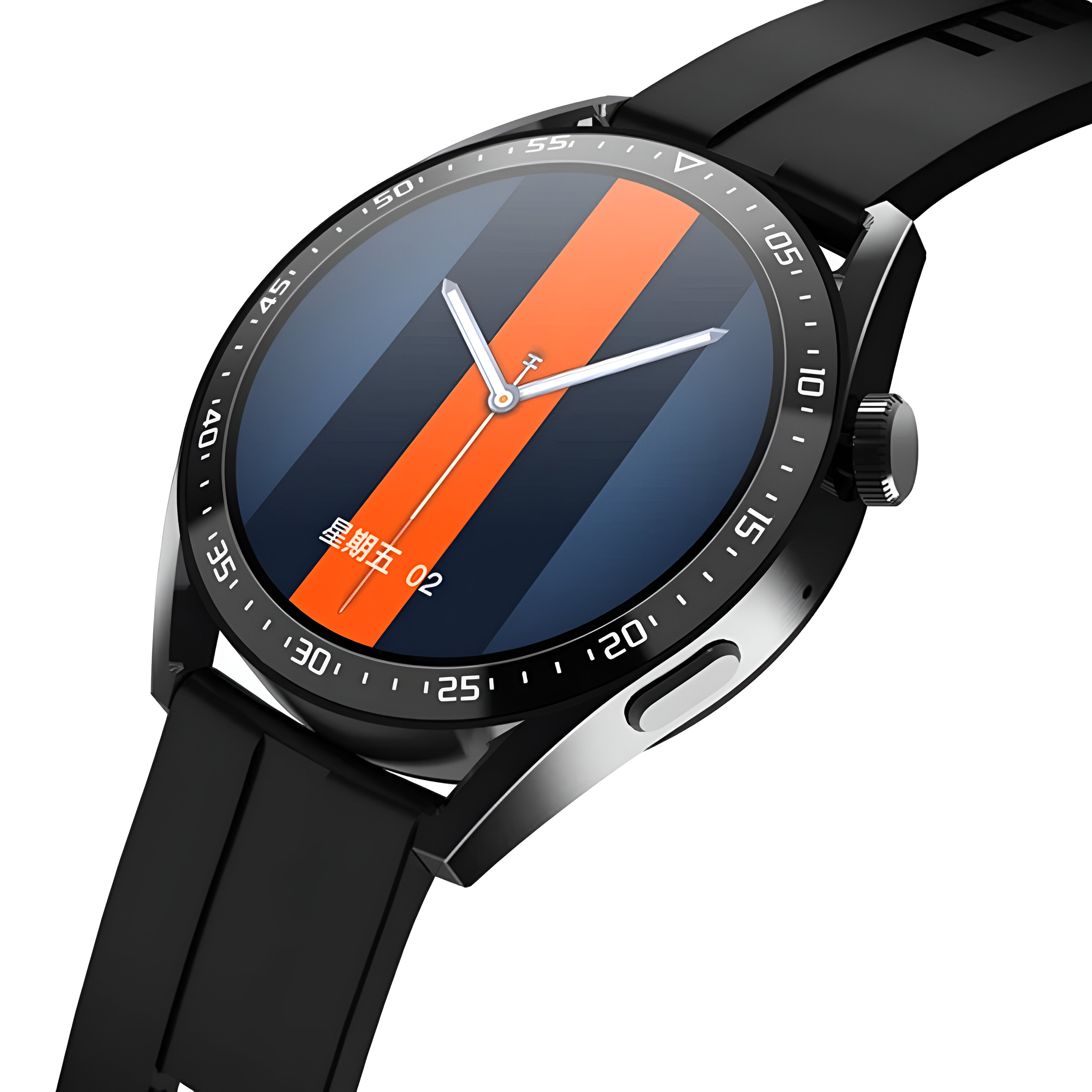 Smartwatch con correa negra y pantalla circular que muestra un diseño azul, naranja y blanco.