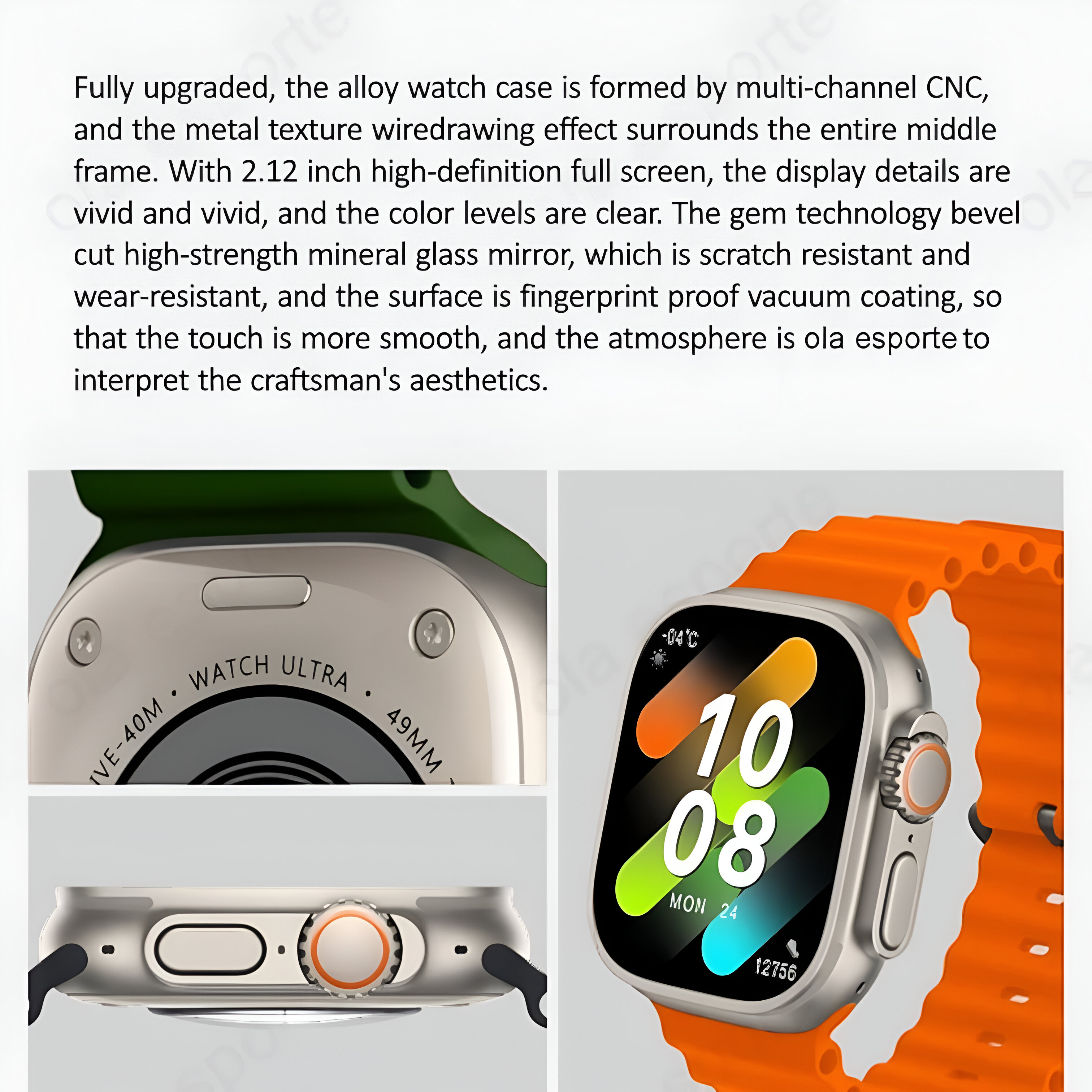 Primer plano de un smartwatch con correa naranja. Texto en pantalla: 10:08, Lun 24.