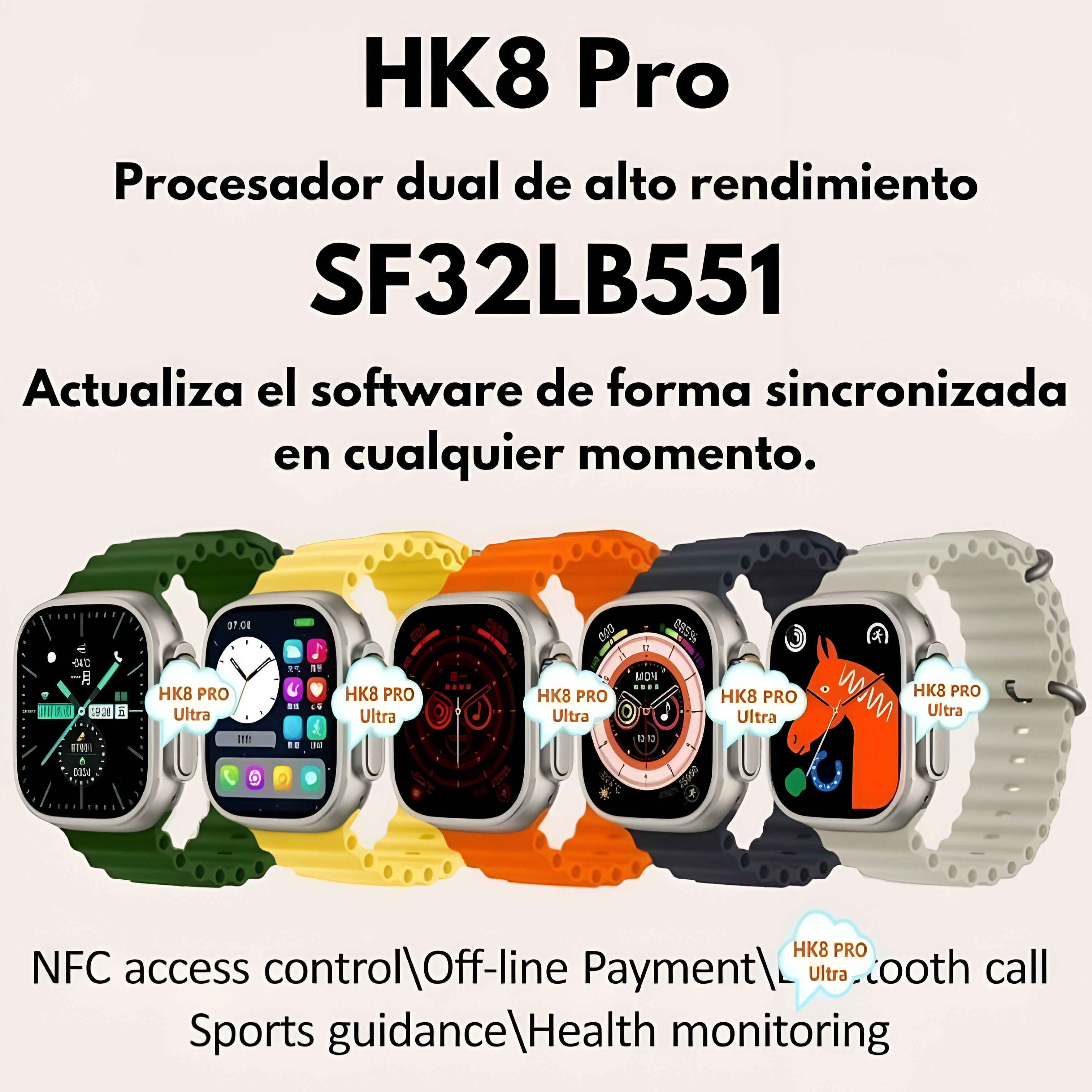 Se muestran varios smartwatches con correas coloridas. El texto incluye información del modelo y funciones como NFC, Bluetooth.