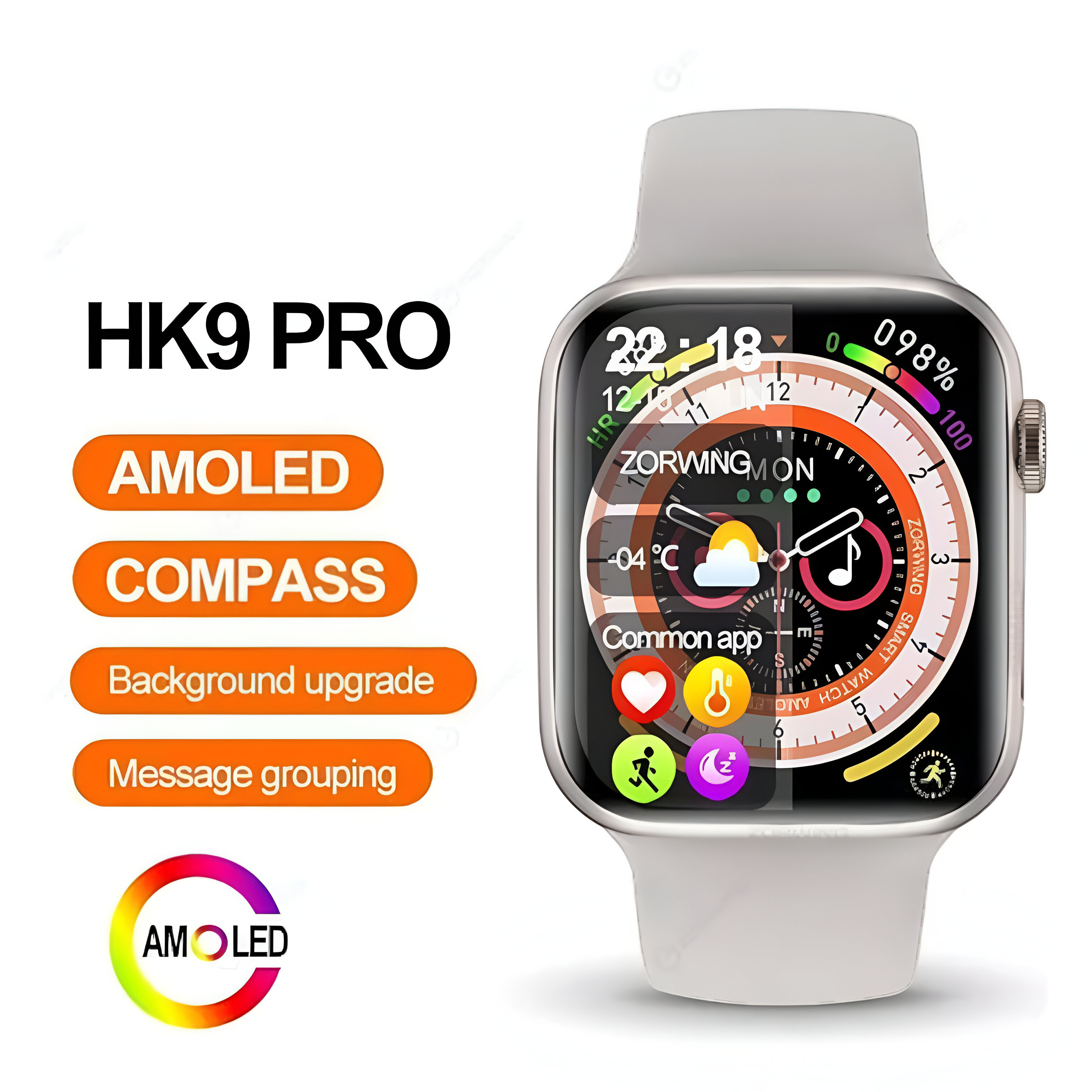 Smartwatch con correa blanca. La pantalla muestra la hora, el clima, la frecuencia cardíaca y los iconos de la aplicación.