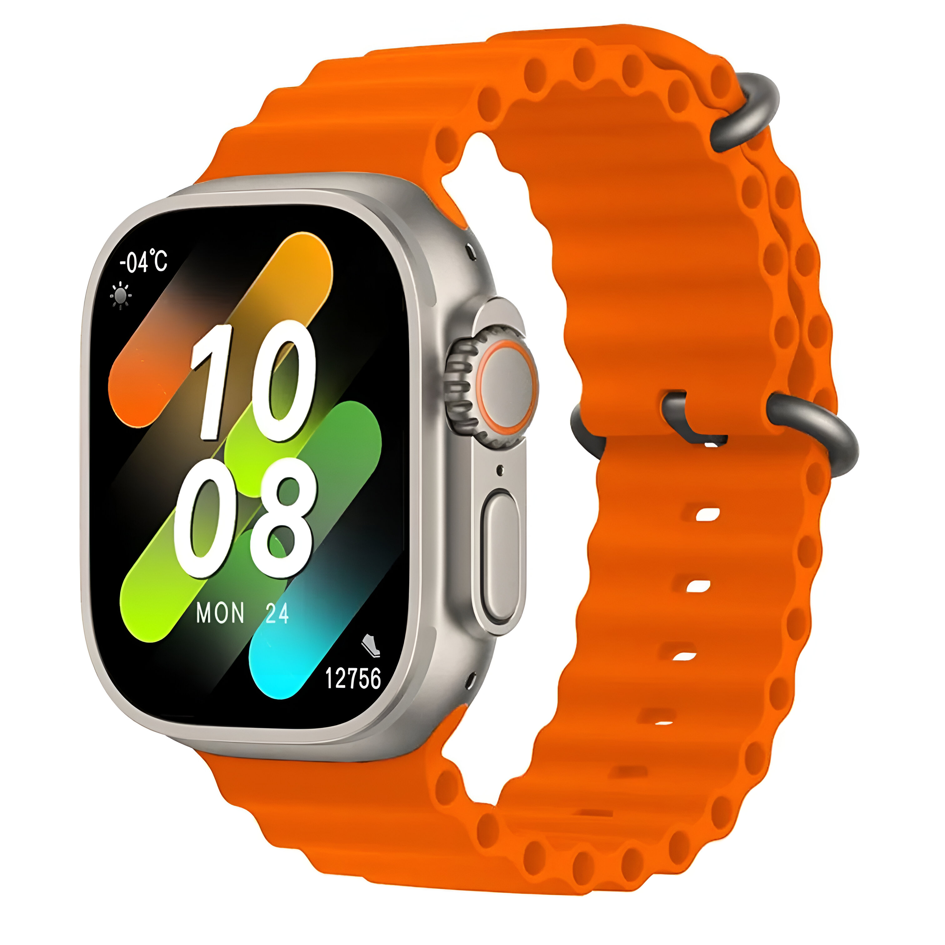 Smartwatch naranja con marco plateado. Pantalla muestra la hora, fecha y métricas de actividad.