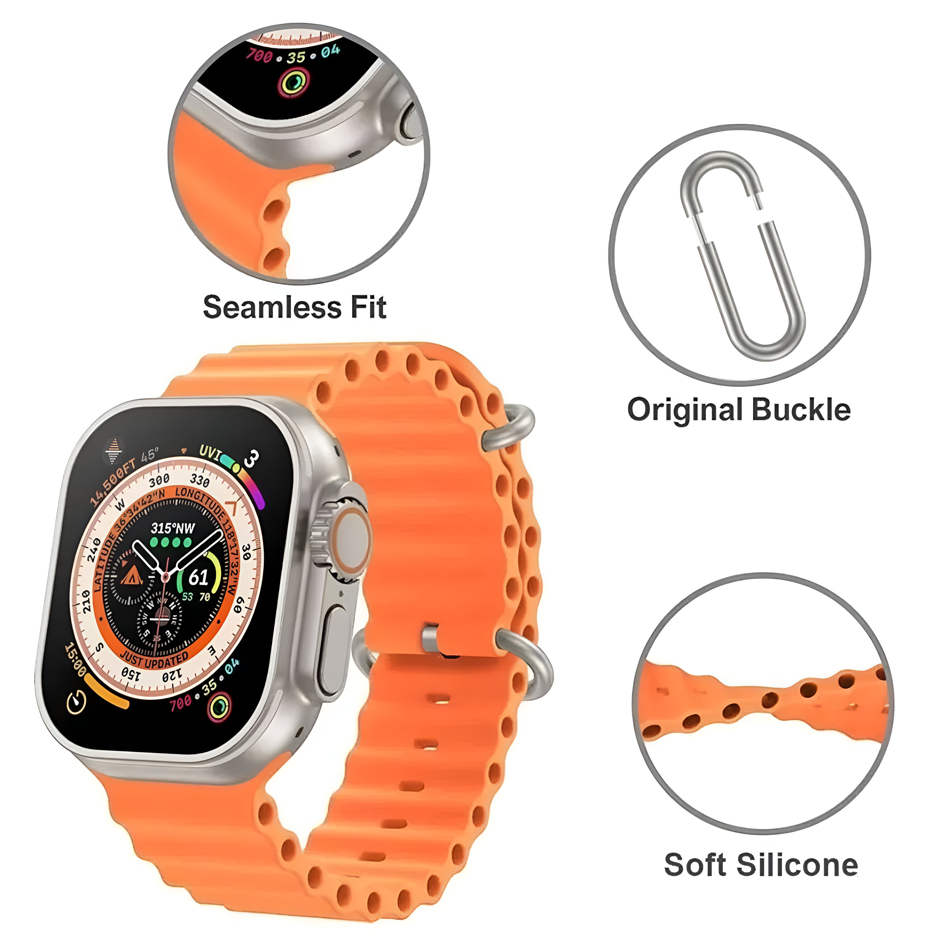 Primer plano de un smartwatch naranja, mostrando detalles como la correa, la hebilla y la pantalla.