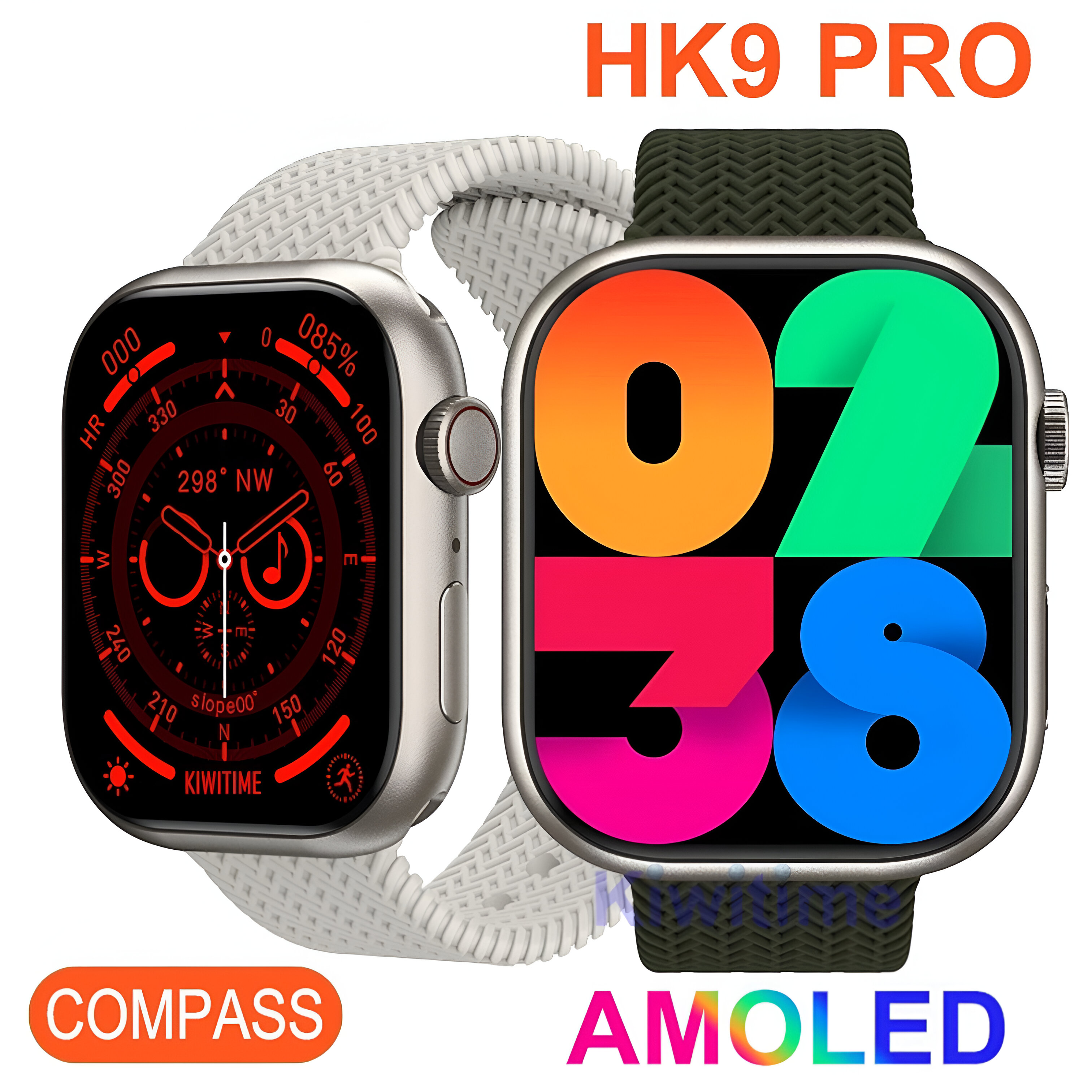 Smartwatches con diferentes pantallas. Una con correa blanca, otra con correa verde.