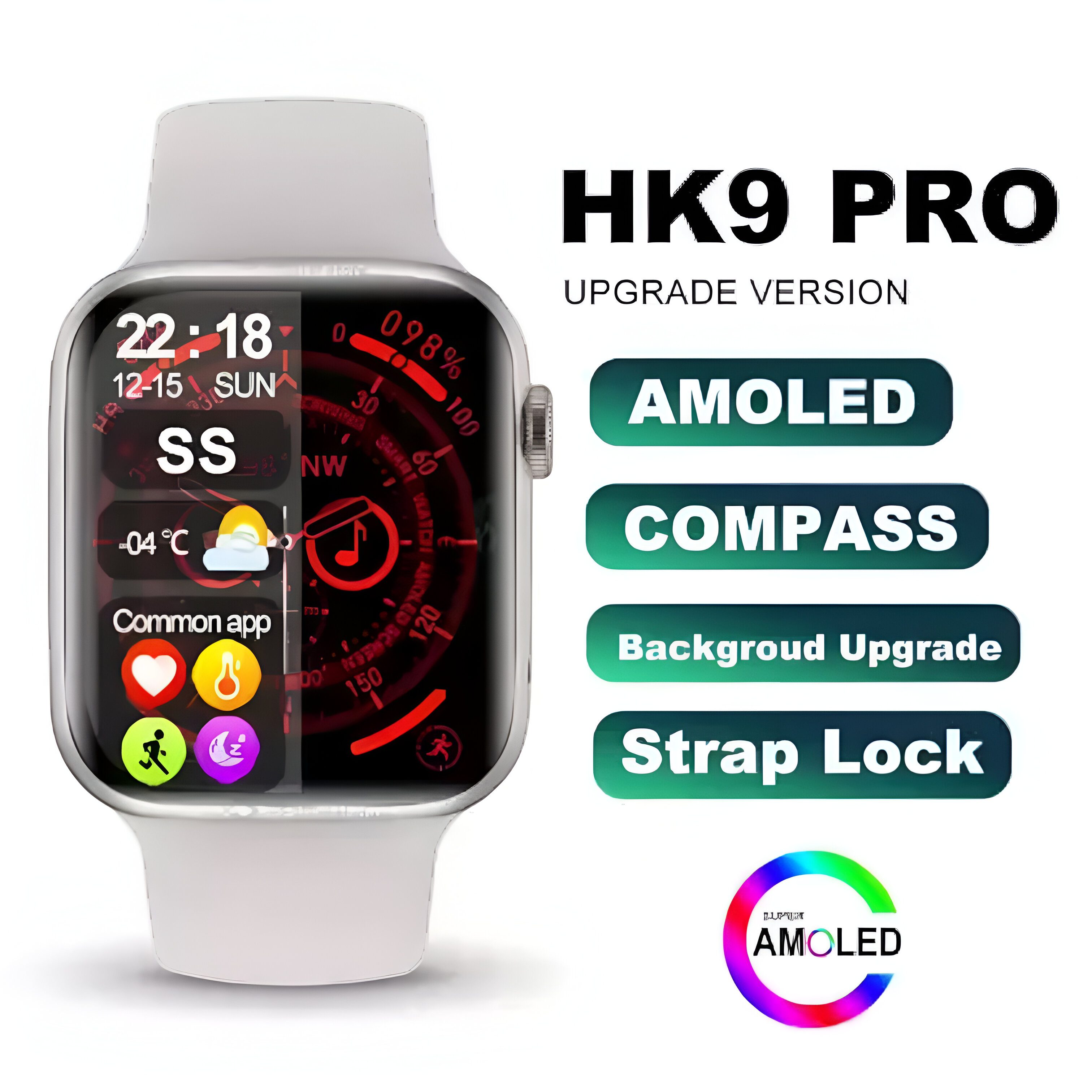 Un reloj inteligente con el texto: HK9 PRO UPGRADE VERSION. Varias funciones se enumeran a la derecha.