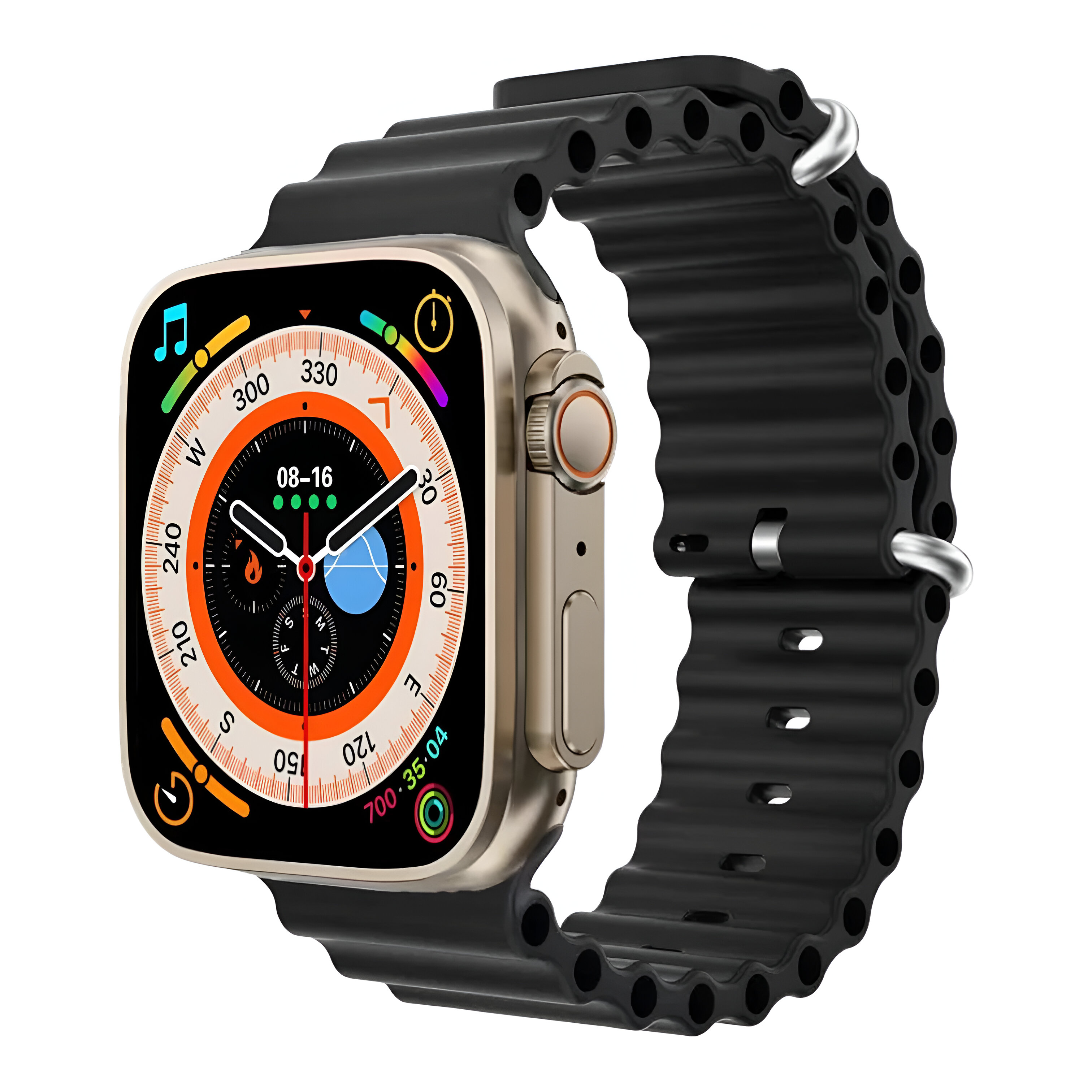 Smartwatch con correa negra y caja dorada, mostrando una interfaz digital.