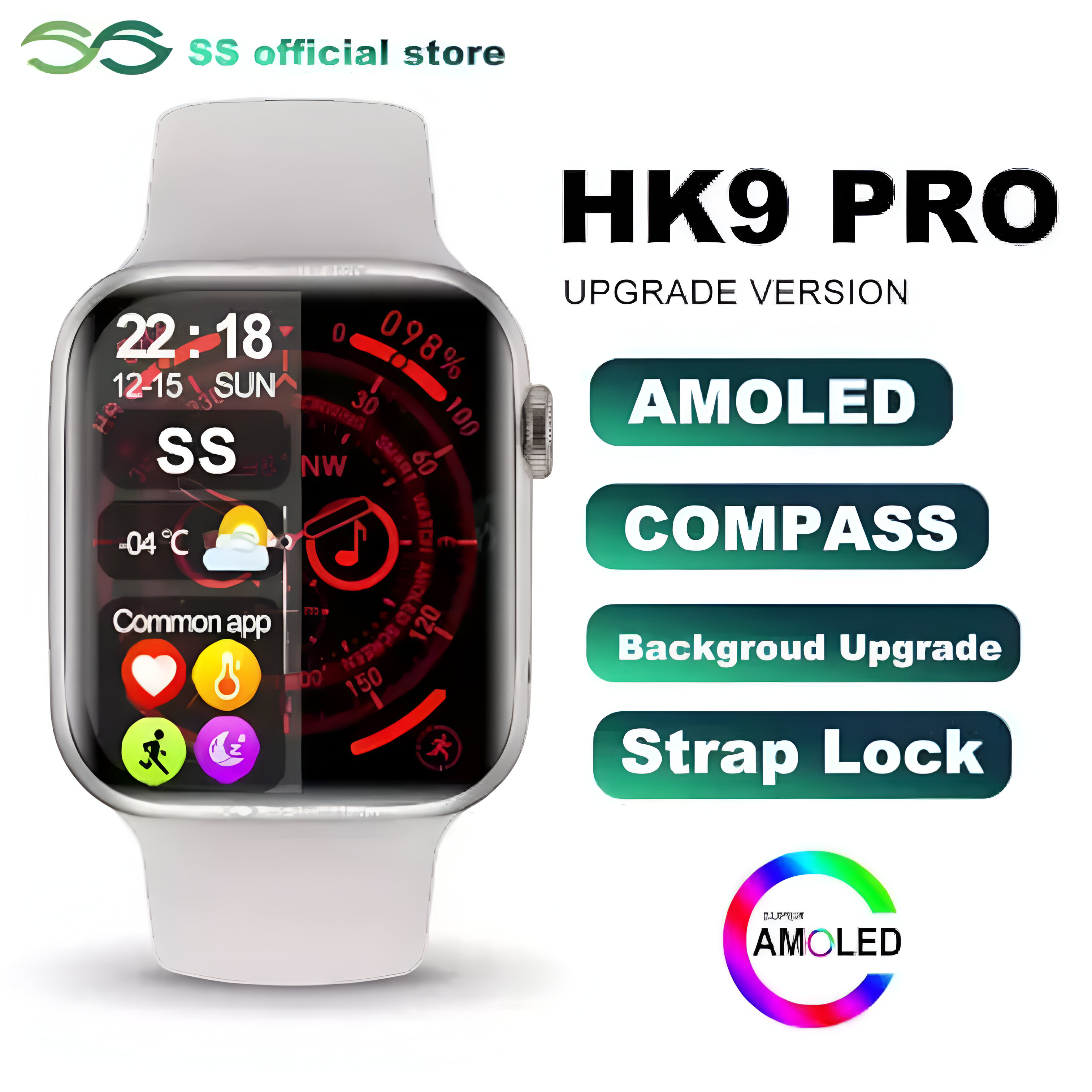 Un smartwatch con pantalla que muestra la hora y métricas de salud con las palabras 'HK9 PRO'.