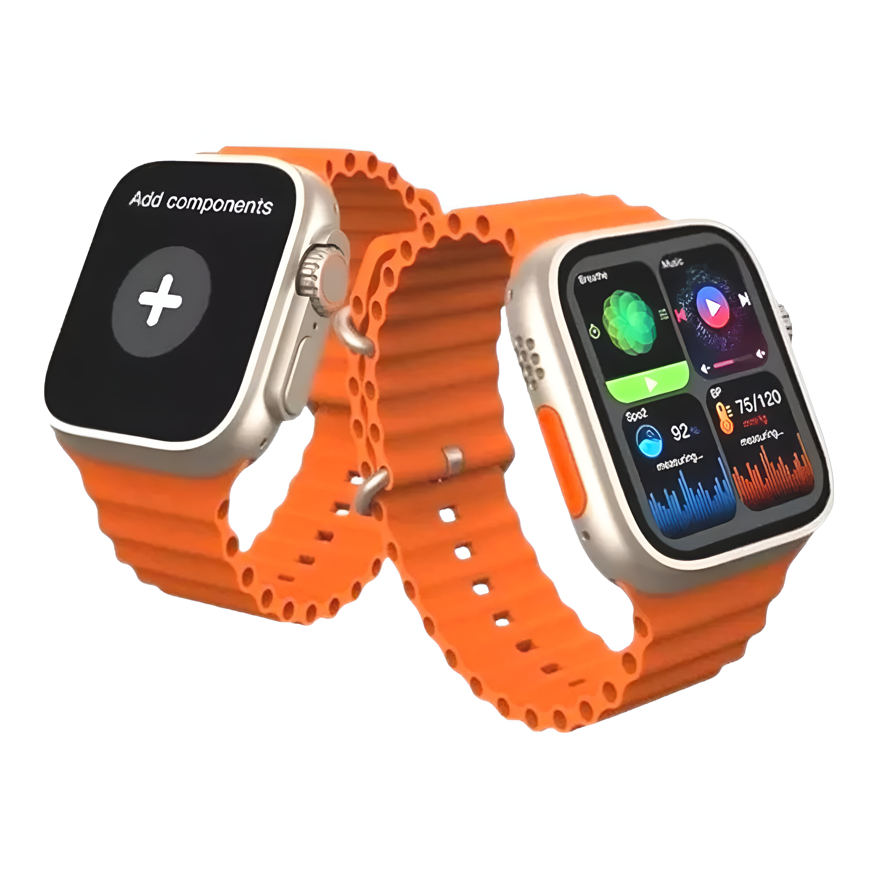 Dos smartwatches con correas naranjas. Uno muestra un signo más, el otro datos de música y salud.