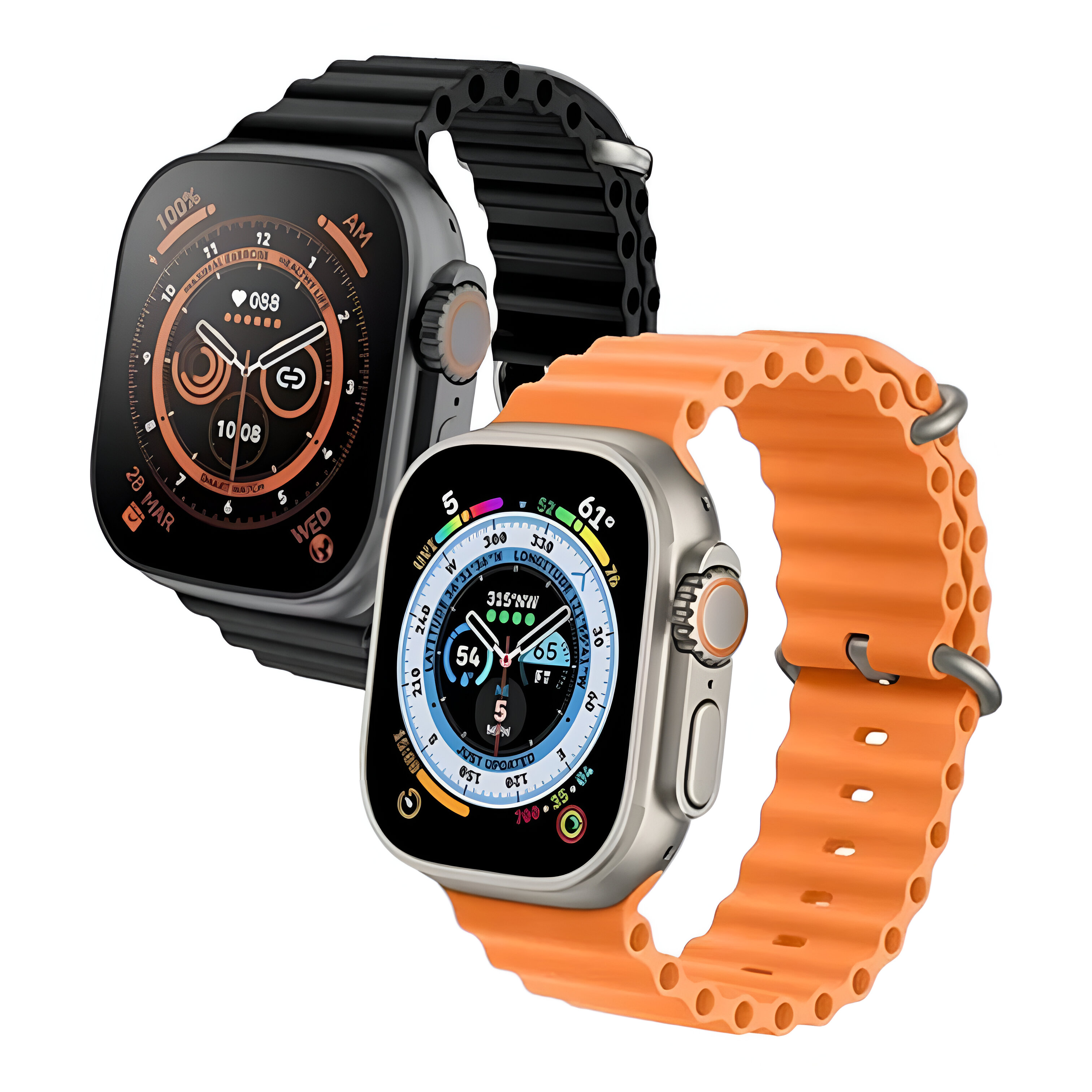 Dos smartwatches. Uno negro con correa negra, otro plateado con correa naranja. Fondo blanco.