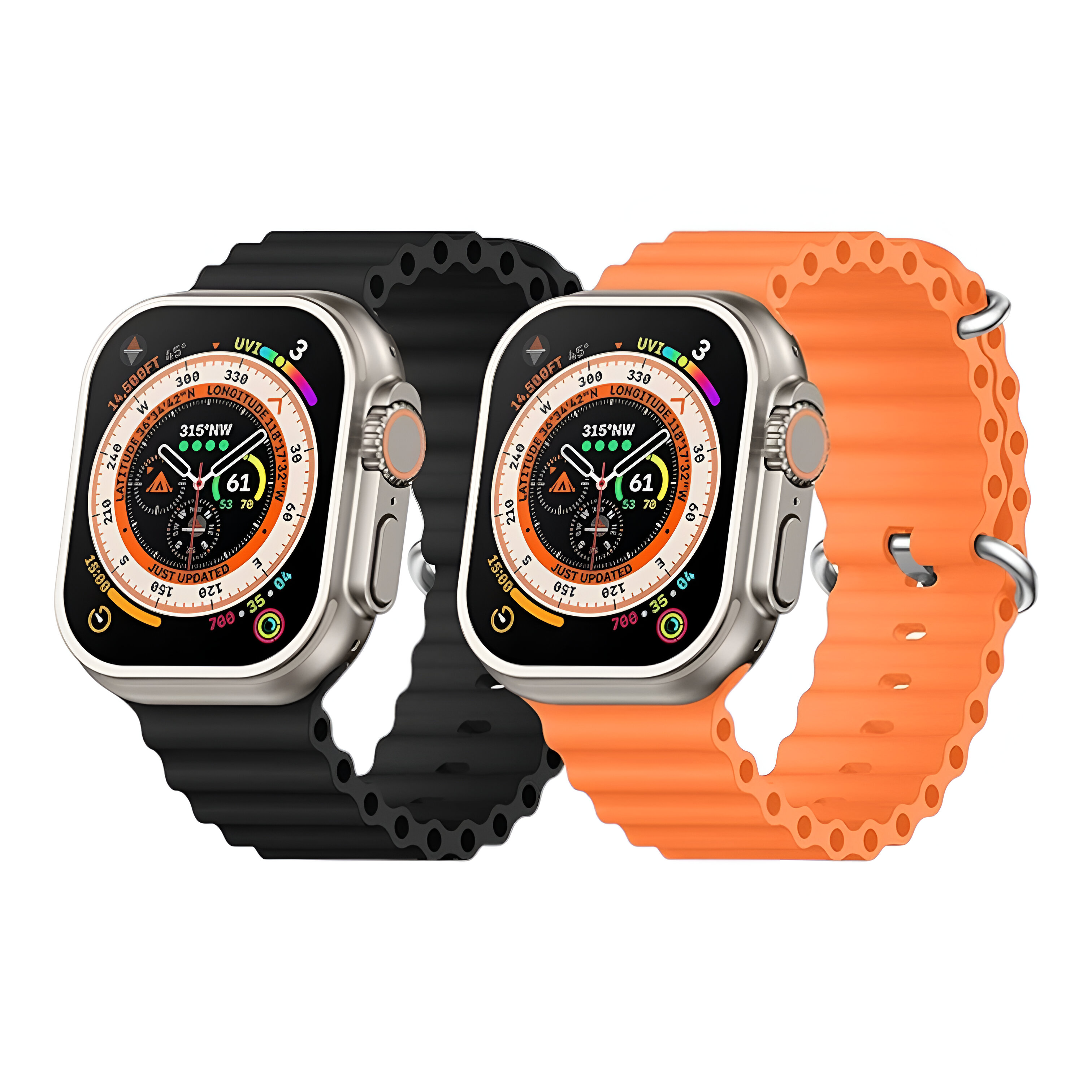 Dos smartwatches con cajas metálicas y correas de diferentes colores, negro y naranja.