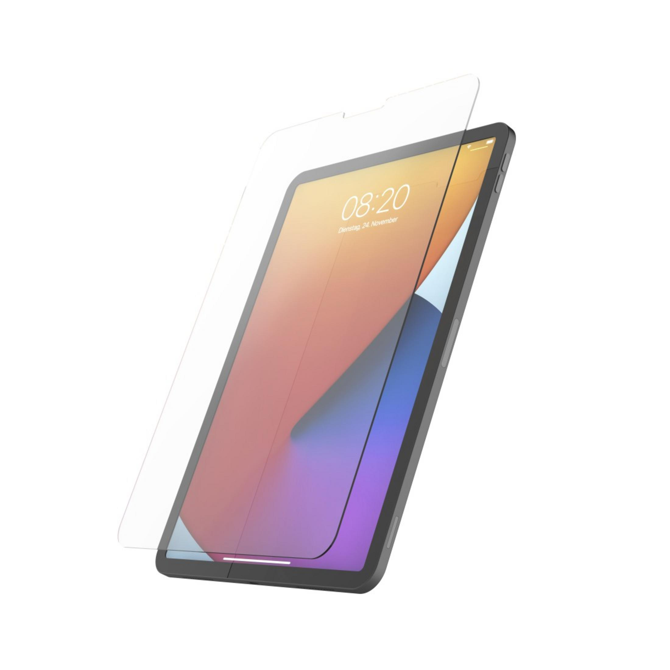 Ein Tablet mit Displayschutz. Der Bildschirm zeigt Uhrzeit und Datum.