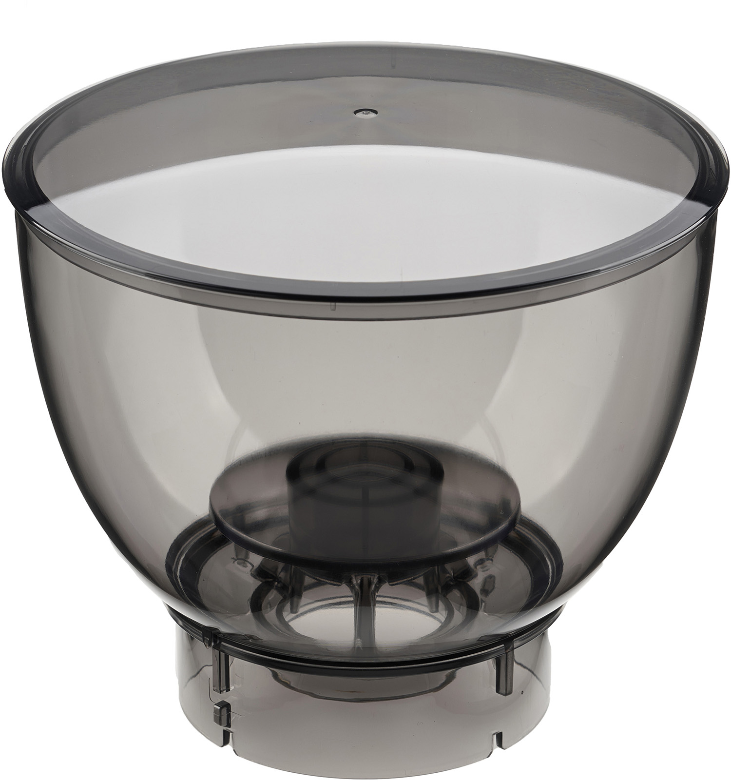 Przezroczysty plastikowy pojemnik z ciemnym wnętrzem. Pojemnik ma szeroki otwór.