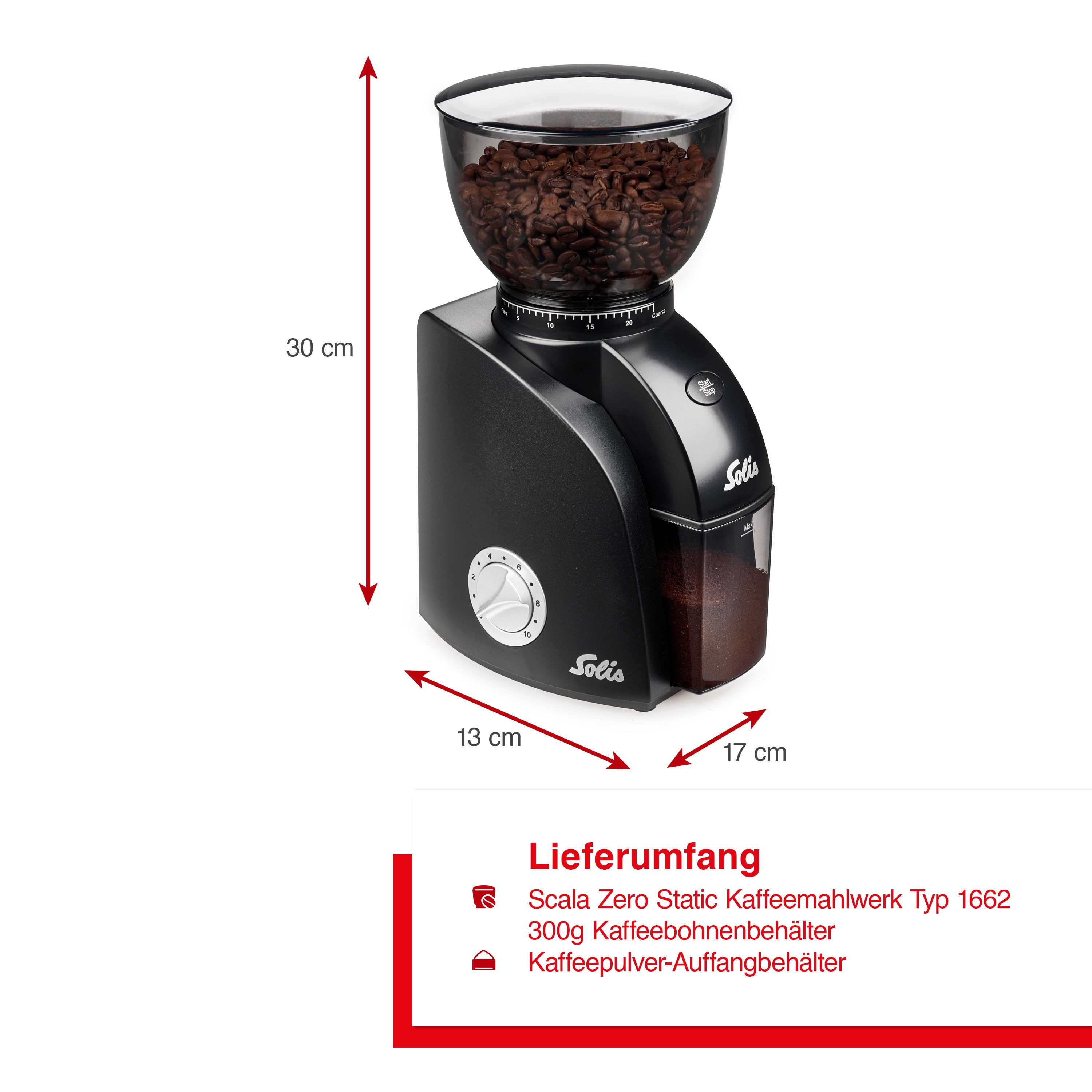 Czarny młynek do kawy z wymiarami i tekstem opisującym części, pojemnik na ziarna na górze.