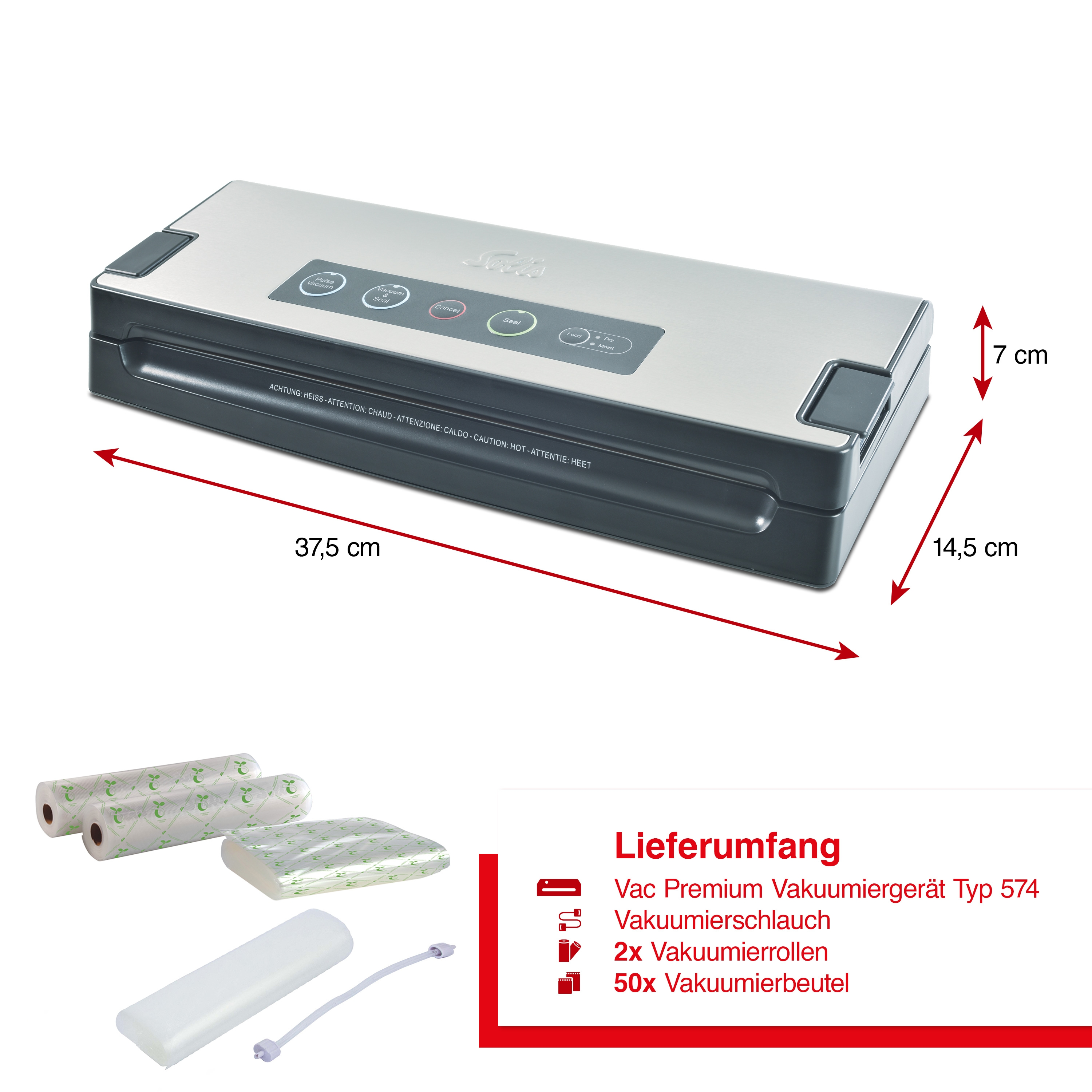 Silber-schwarzes Vakuumiergerät mit Rollen und Beuteln, mit Abmessungen und Text.