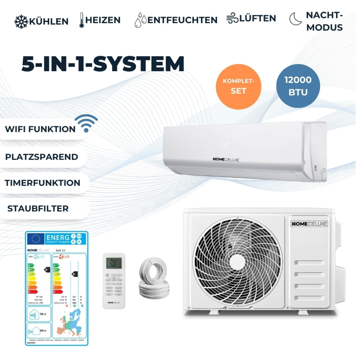 Klimaanlage mit Fernbedienung, Energielabel und Spezifikationen. Weißer Hintergrund. Text über Funktionen.