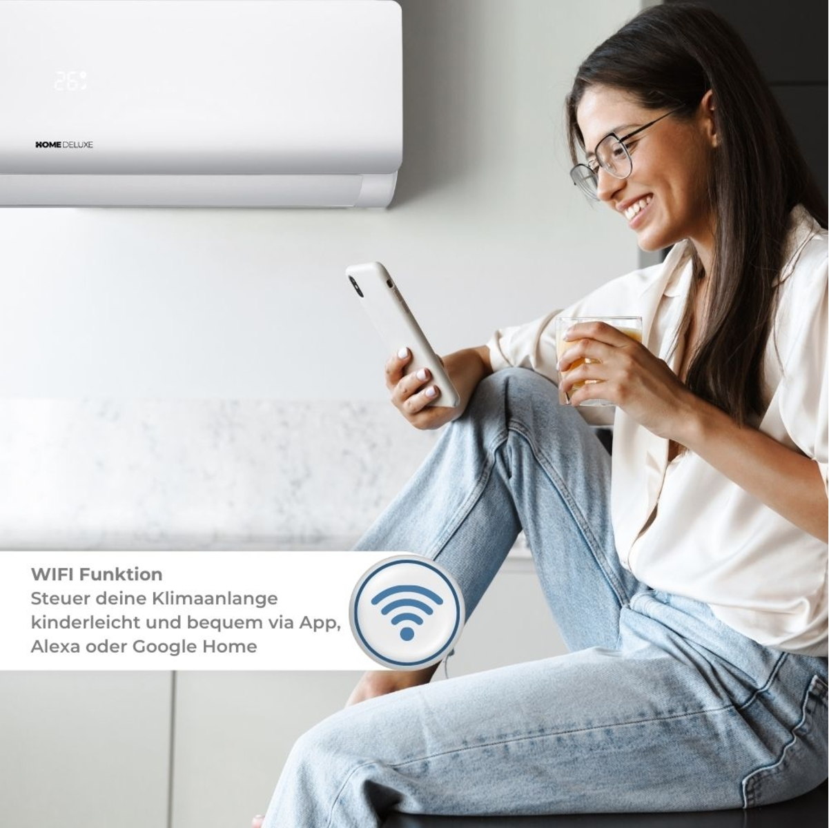 Eine Frau benutzt ein Telefon mit einer Klimaanlage über sich und eine WLAN-Funktionsbeschreibung.
