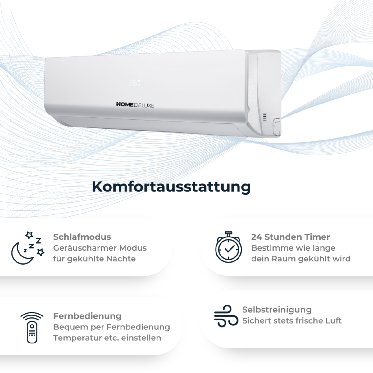 Weiße Klimaanlage mit Symbolen, die Funktionen wie Schlafmodus, Timer, Fernbedienung und Selbstreinigung zeigen.
