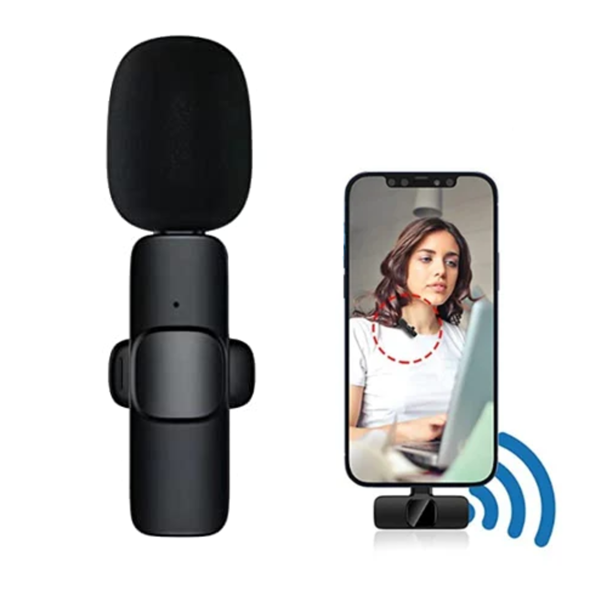 Un micrófono inalámbrico junto a una pantalla de teléfono que muestra a una mujer con un micrófono en su camisa.