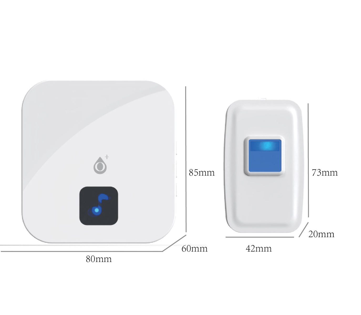 Timbre y botón blancos. El botón tiene luz azul. Se muestran las dimensiones.