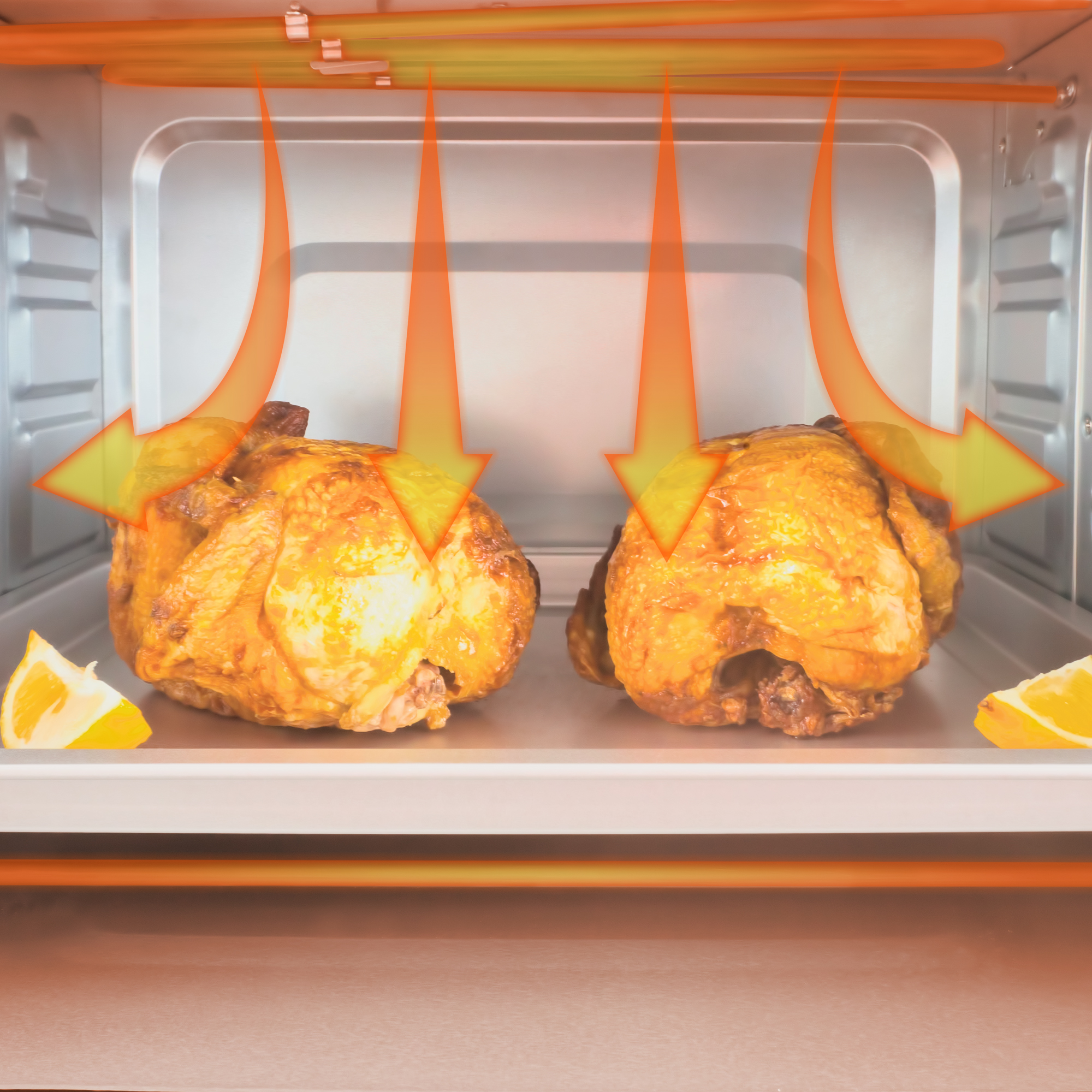 Horno con dos pollos asados enteros. Las flechas muestran la circulación del aire dentro del horno.