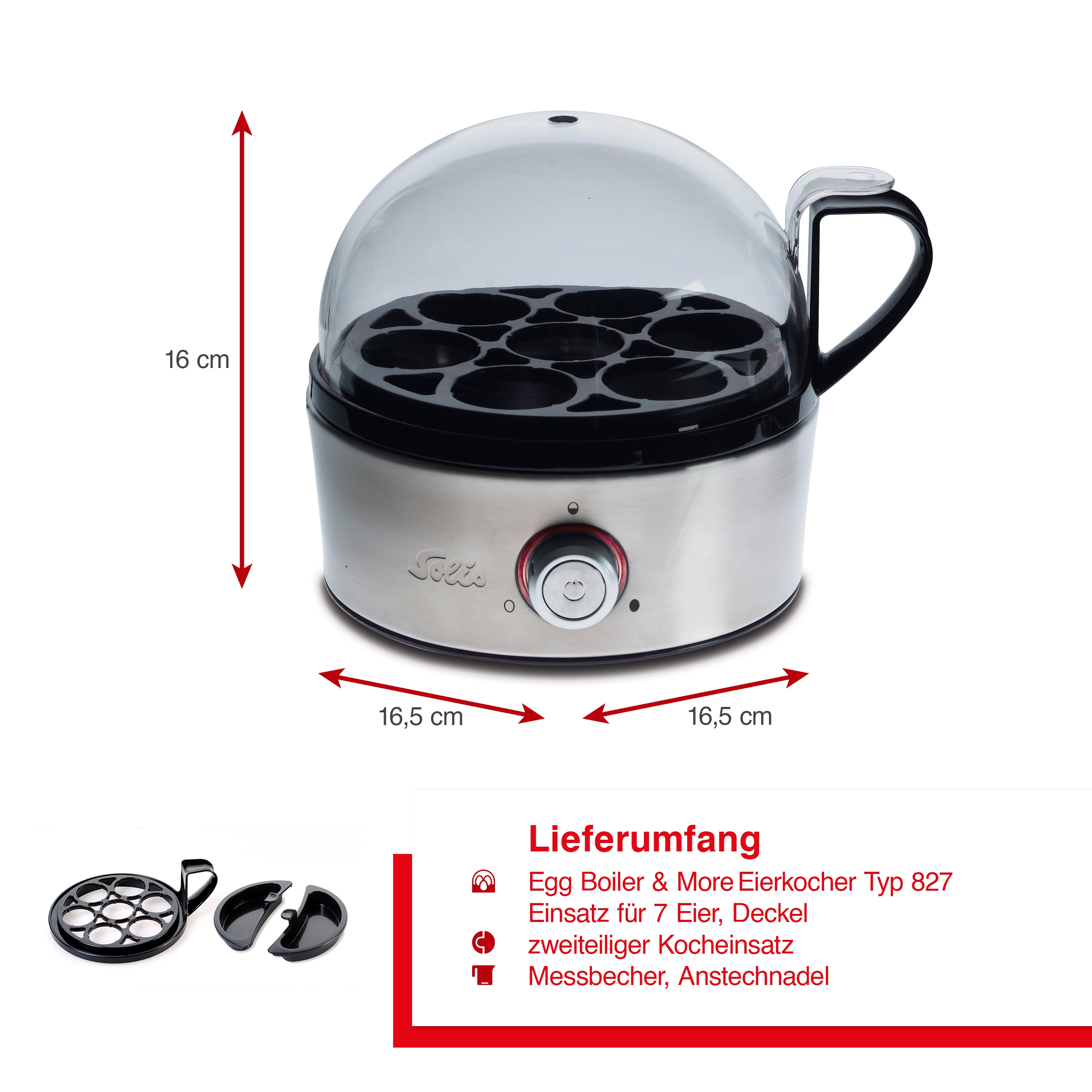Cuocitore per uova Solis con dimensioni. Base in acciaio inox e coperchio trasparente. Manico nero.