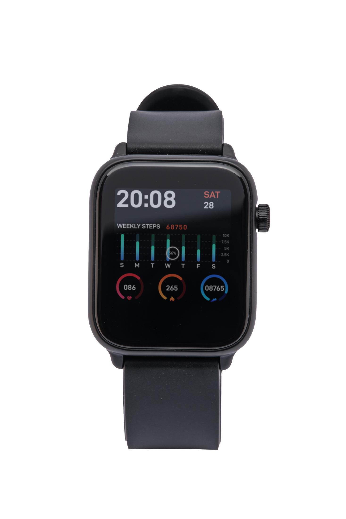 Schwarze Smartwatch, die Zeit, Schritte und Aktivitätsdiagramme anzeigt. Sie hat ein quadratisches Zifferblatt und ein schwarzes Armband.