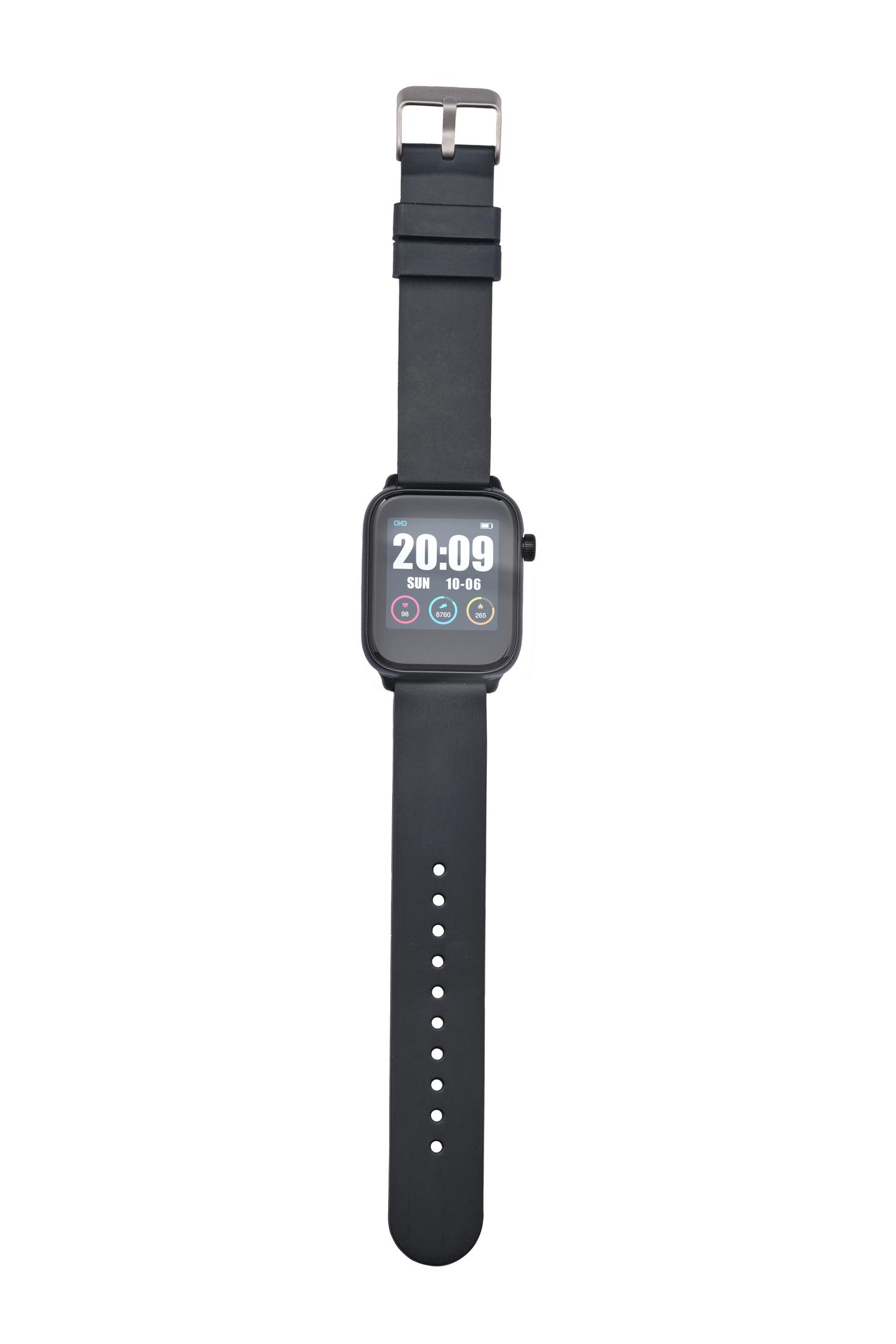 Schwarze Smartwatch mit quadratischem Bildschirm, der Uhrzeit und Datum anzeigt.