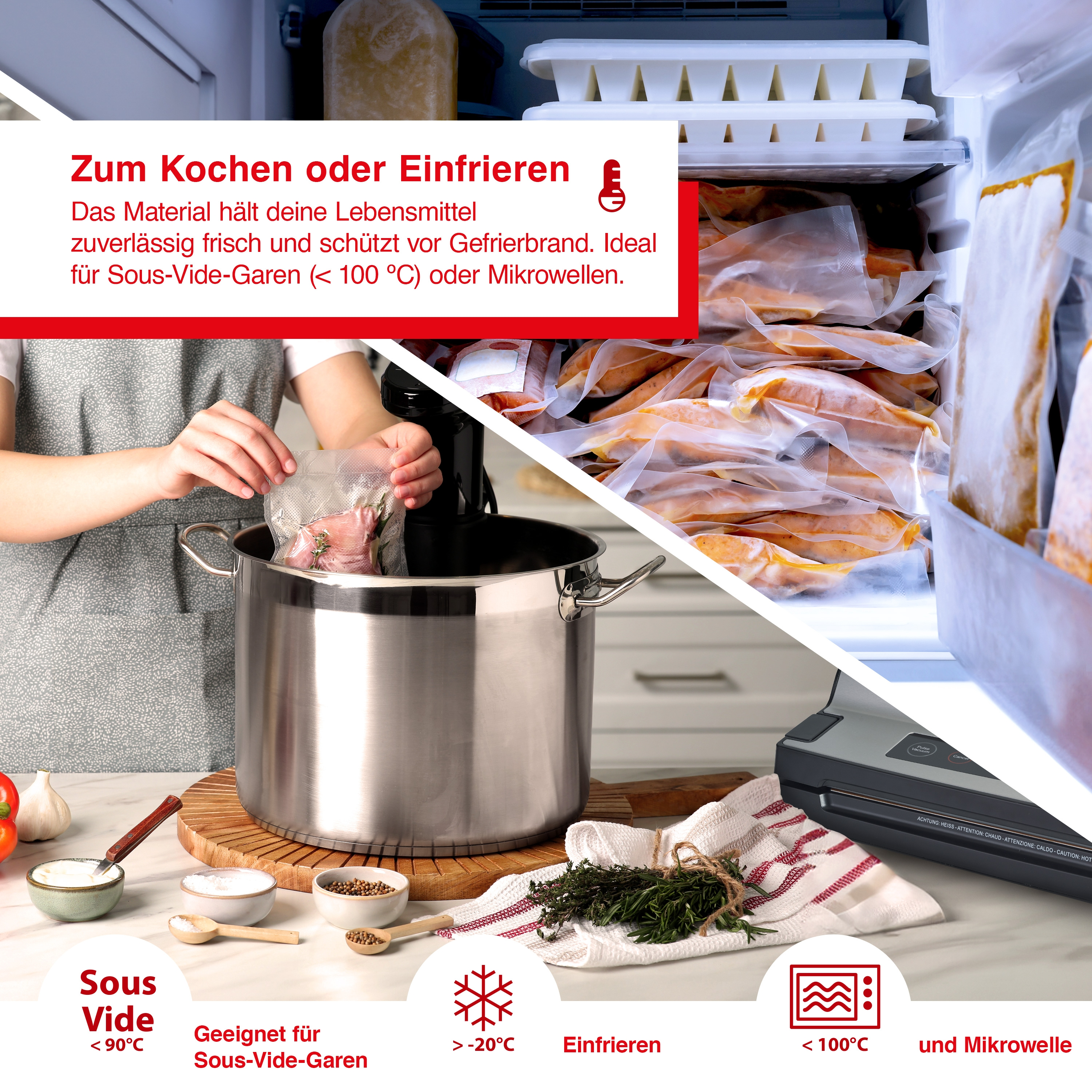 Jemand kocht mit Topf, Zutaten und Sous-Vide-Gerät. Text: 'Zum Kochen oder Einfrieren'.