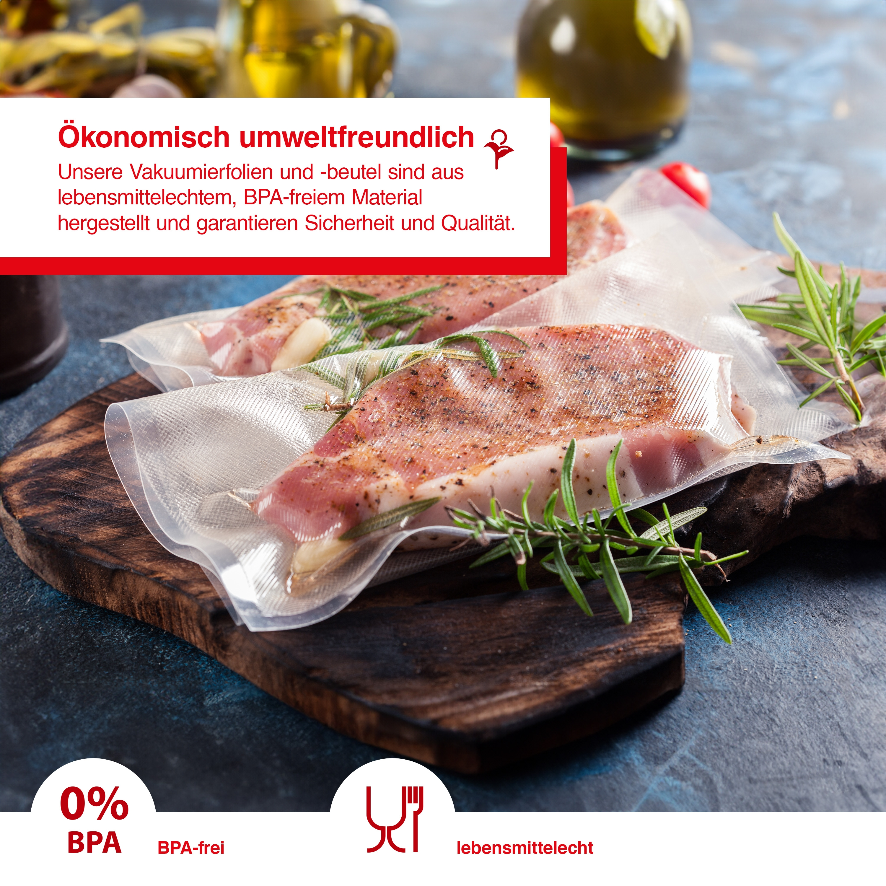 Vakuumverpacktes Fleisch auf einem Holzbrett, mit Rosmarin und Text auf Deutsch.