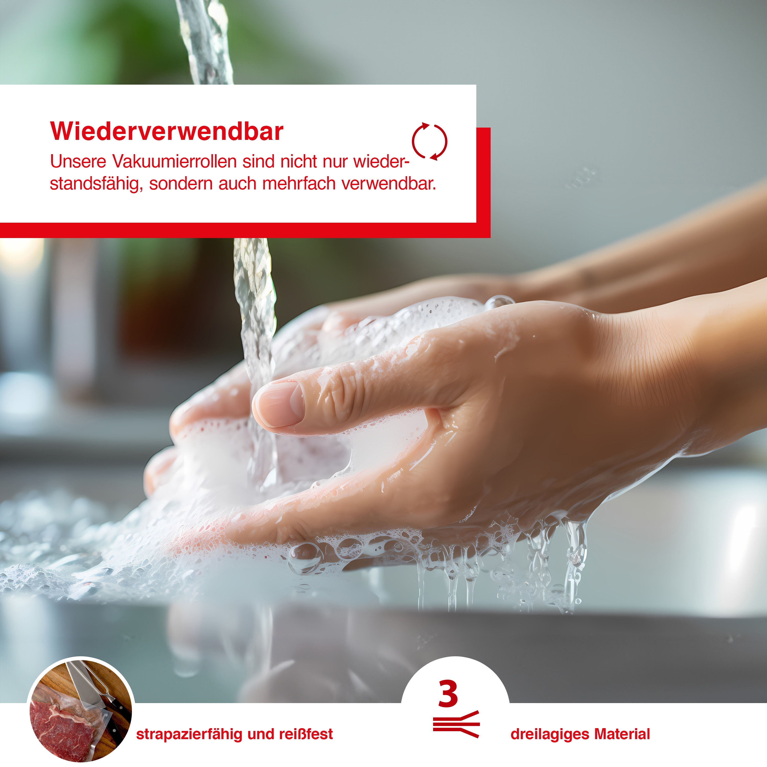 Hände waschen unter fließendem Wasser mit Schaum. Eine rote Textbox sagt wiederverwendbar.