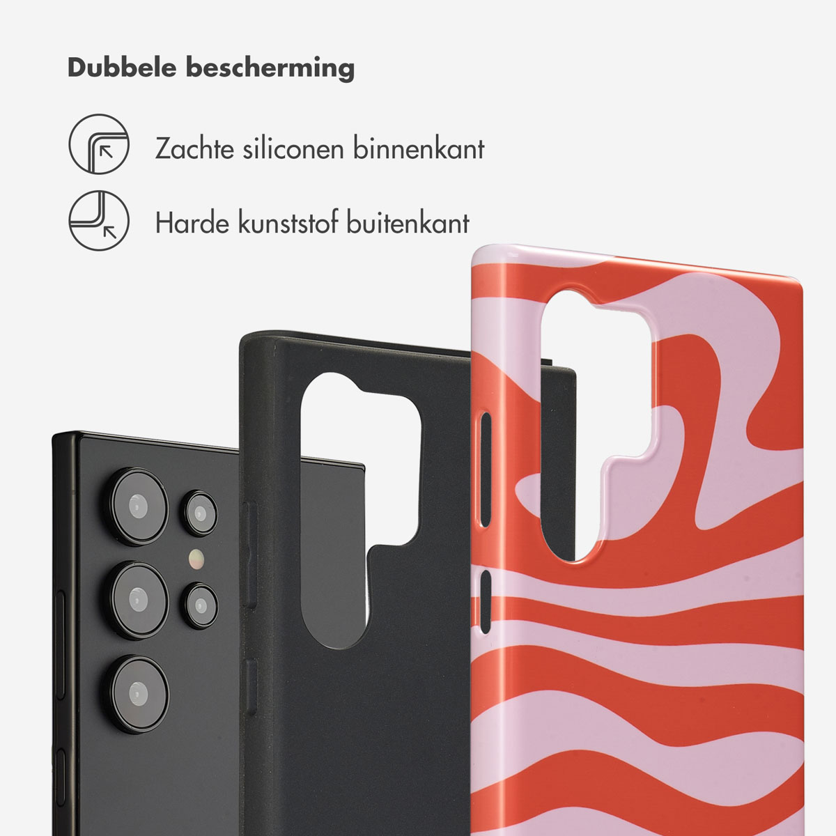 Drie telefoonhoesjes: een zwarte, een zwarte en een kleurrijke met roze en oranje golven.