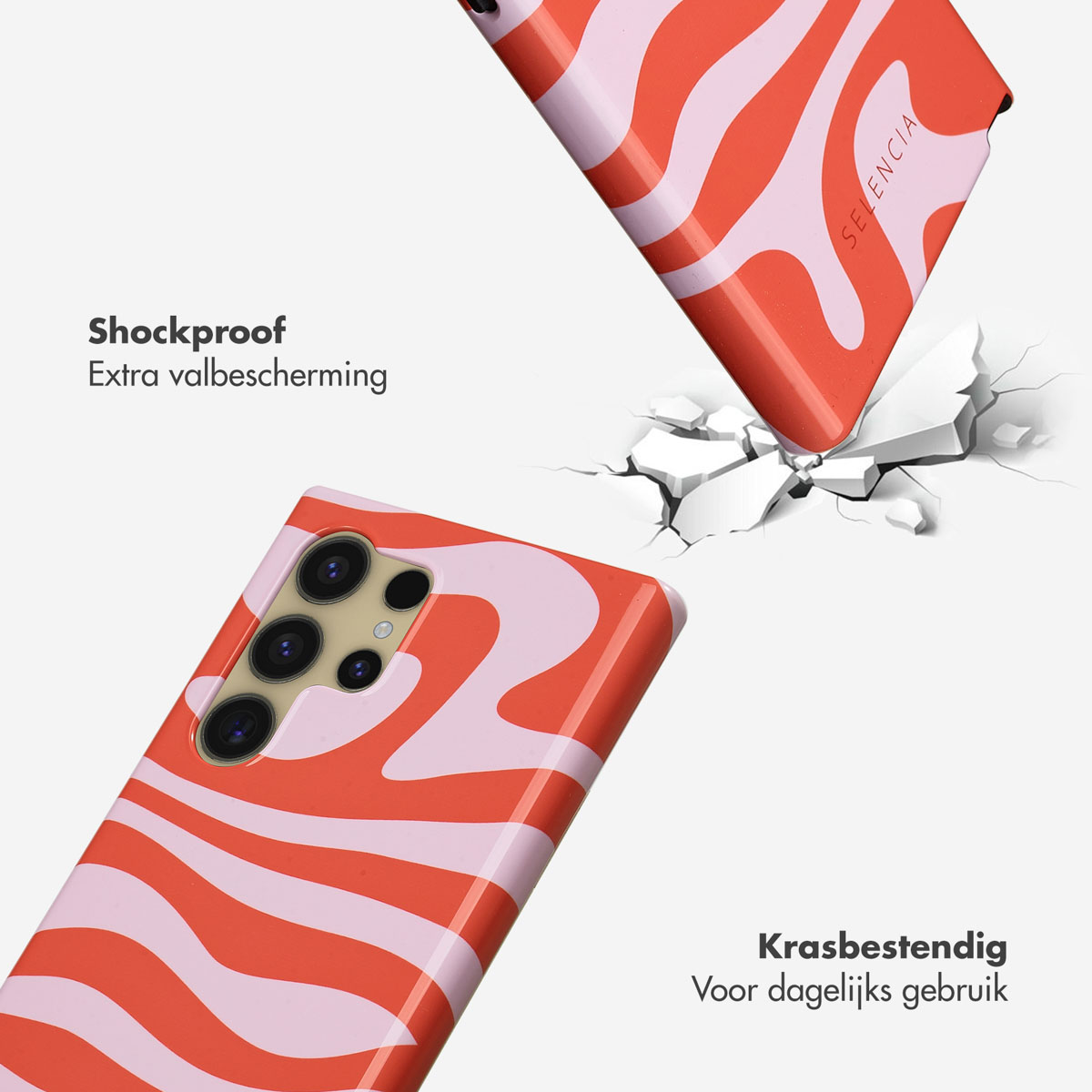 Rood en roze golvend telefoonhoesje breekt door witte grond.