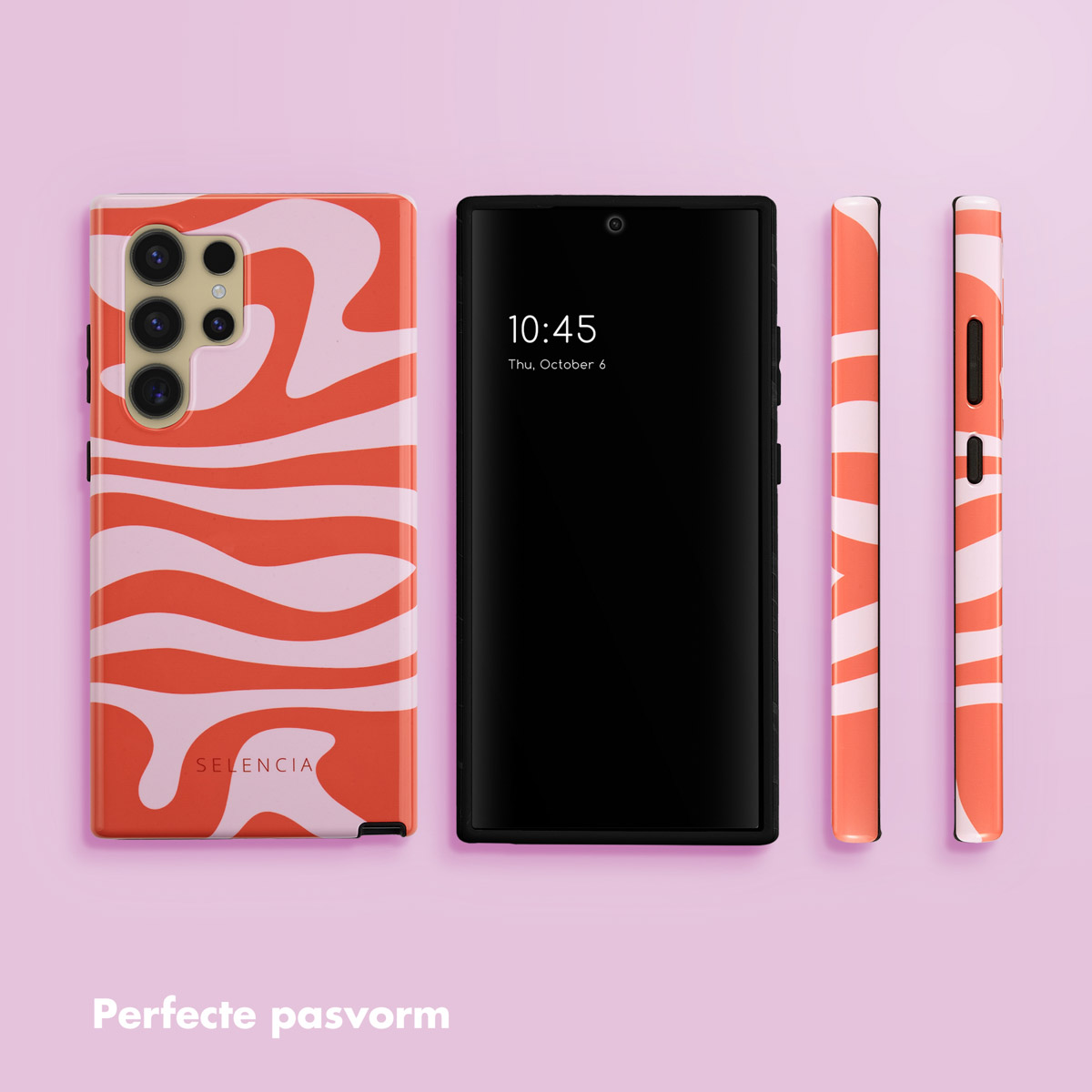 Een telefoon en telefoonhoesjes, één op de telefoon met een golvend ontwerp, anderen tonen het hoesontwerp.