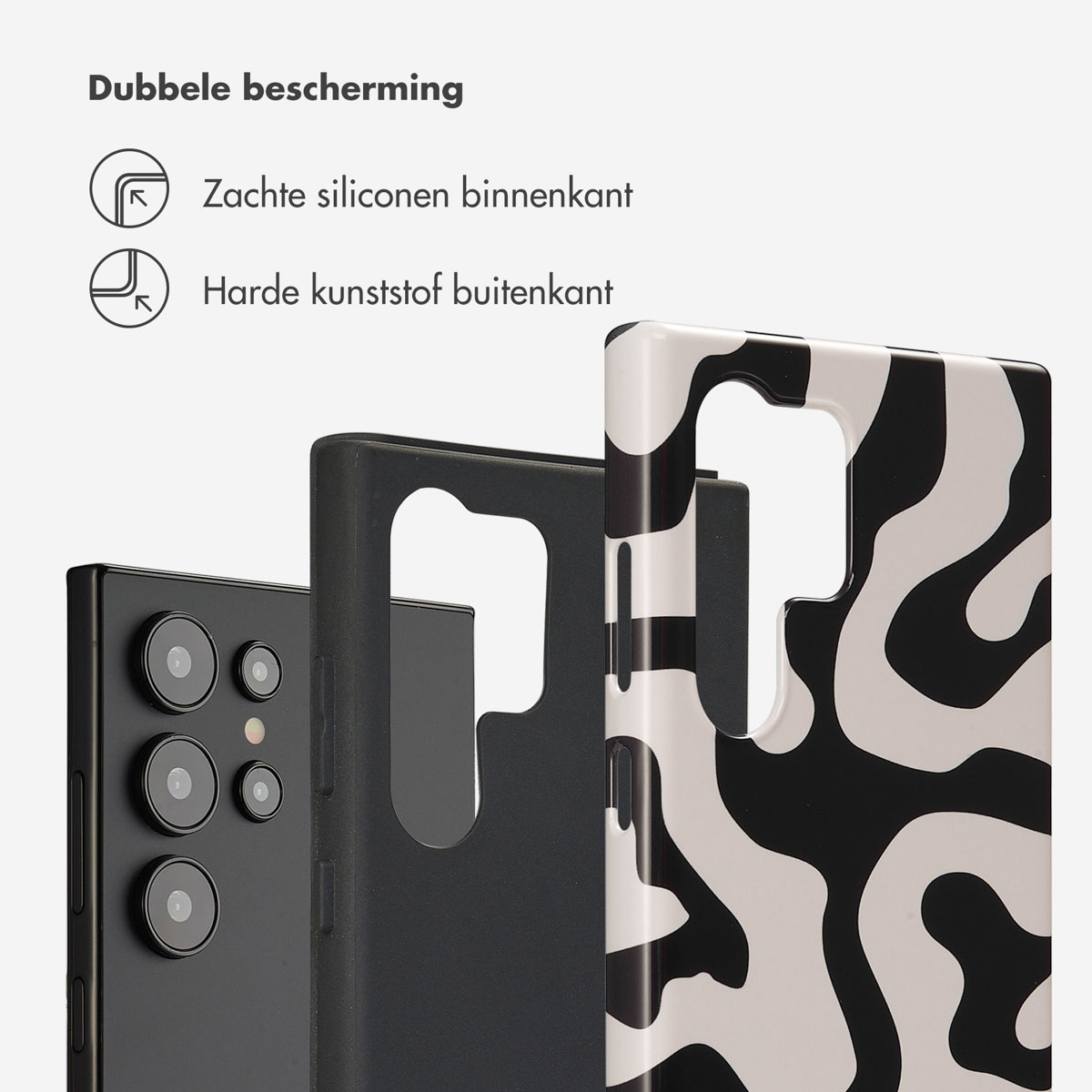 Telefoon met twee hoesjes, één zwart en één met patroon. Tekst: Dubbele bescherming.