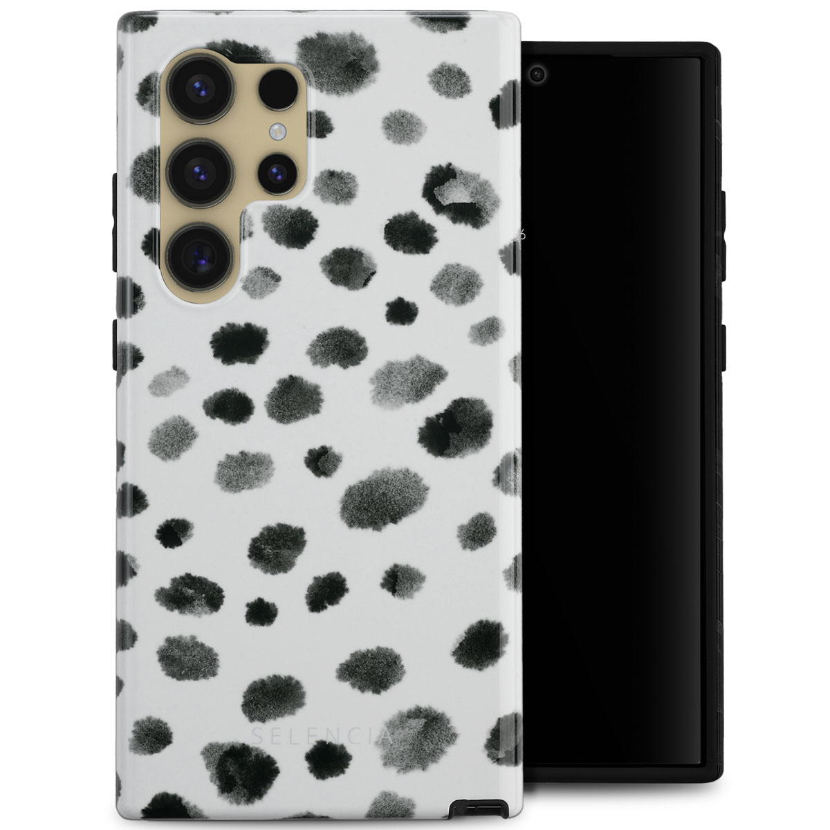 Telefoon met dalmatiërprint hoesje, met zwarte camera-uitstulping.