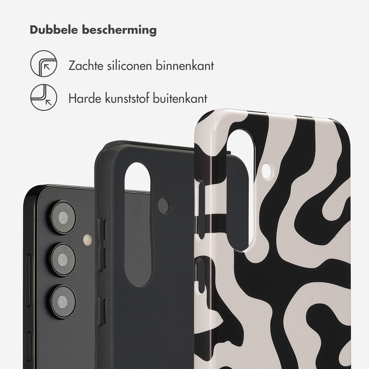 Telefoonhoesje met zwart-wit abstract ontwerp. Close-up van hoesje en telefoon.
