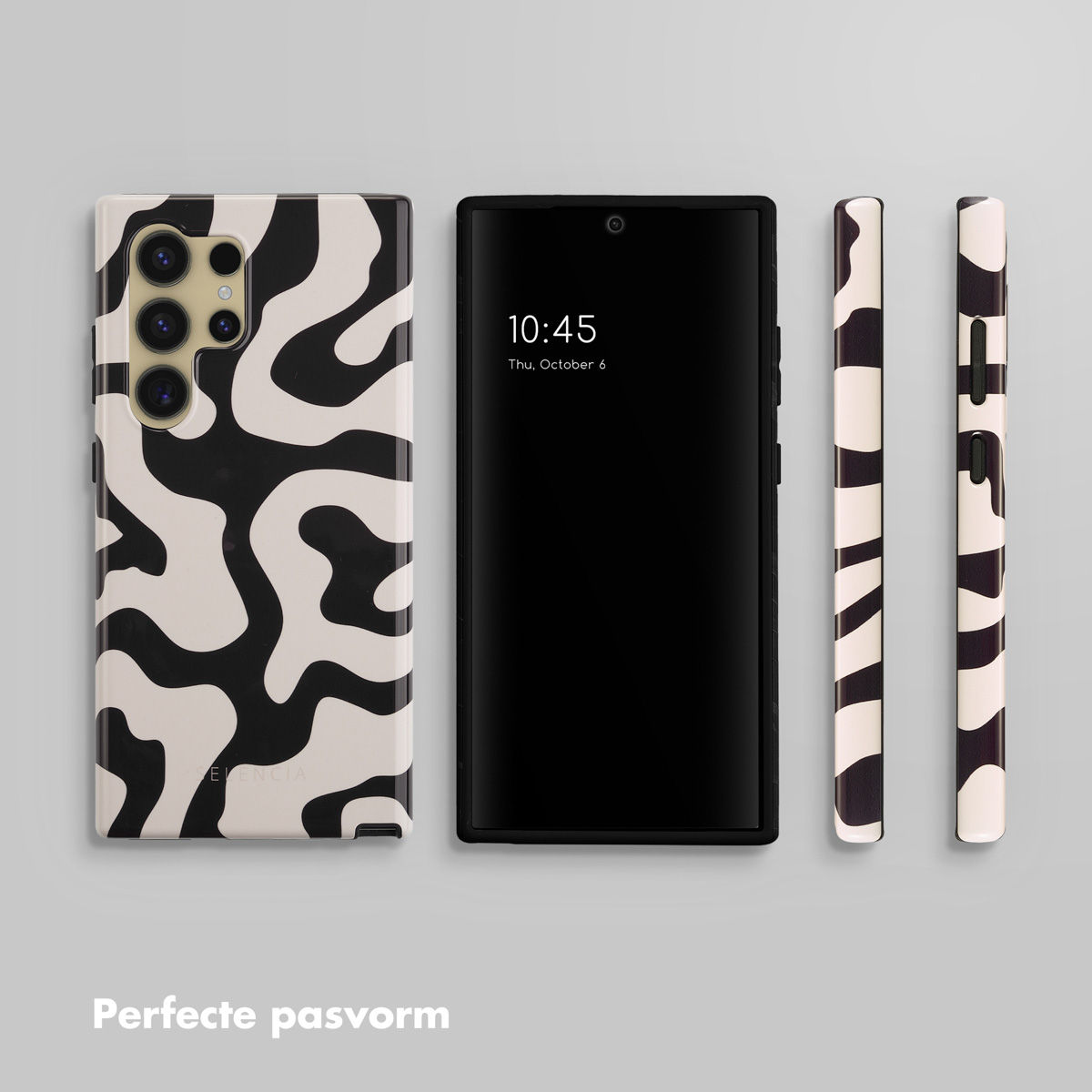 Telefoon en hoesje, zwart-wit golfpatroon. De telefoon heeft een zwart scherm.