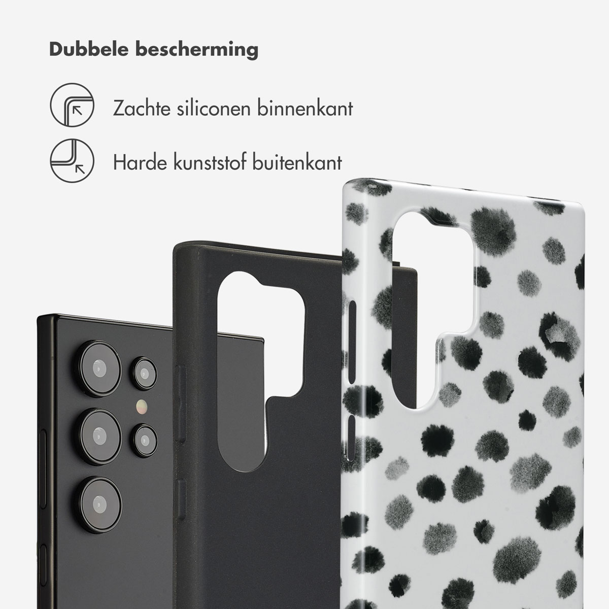 Telefoon met zwarte hoes en witte hoes met zwarte stippen. Hoezen worden getoond.