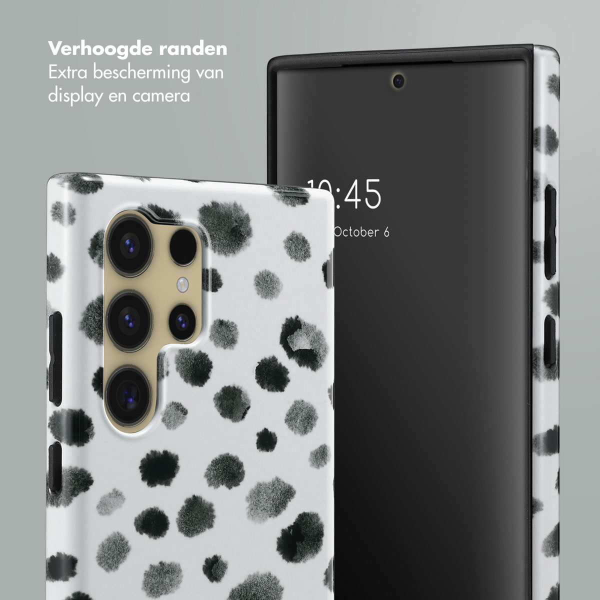 Telefoonhoesje met wit Dalmatische patroon en telefoon met tijdweergave.