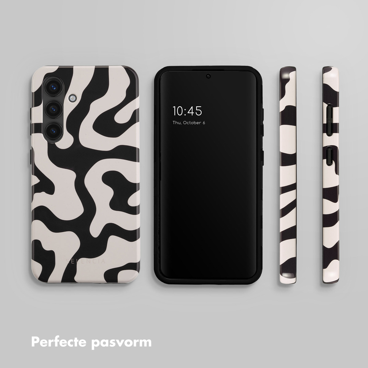 Telefoonhoesje met zwart-wit golvend patroon naast een telefoon.
