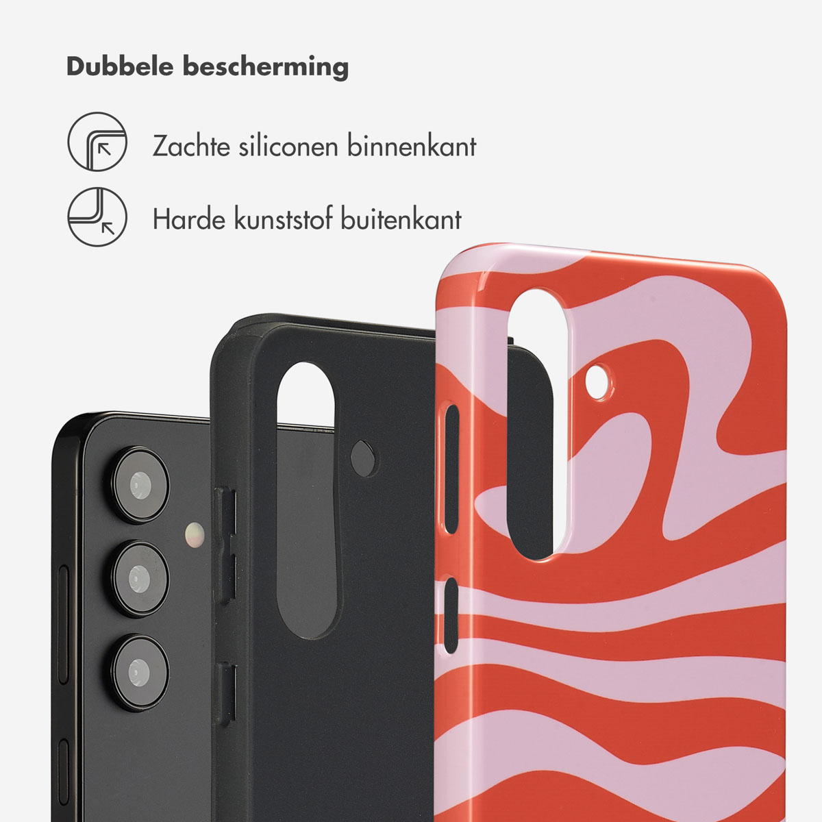 Eine schwarze Handyhülle und eine bunte Hülle mit roten und rosa Wellen.