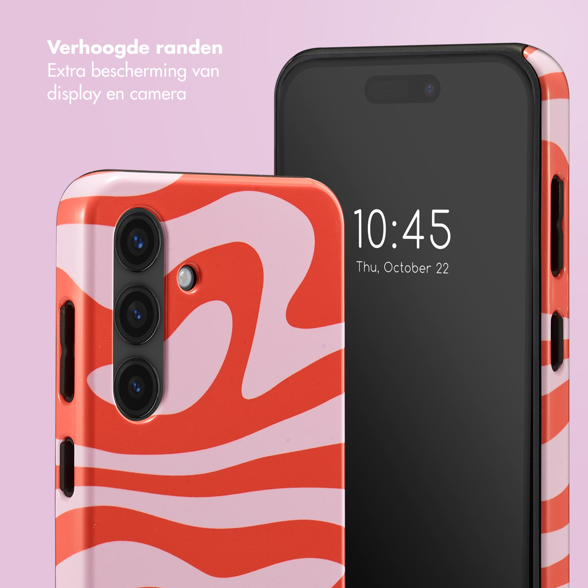 Zwei Smartphones mit auffälligen Hüllen: eine in Orange und Rosa mit Wellenmuster.