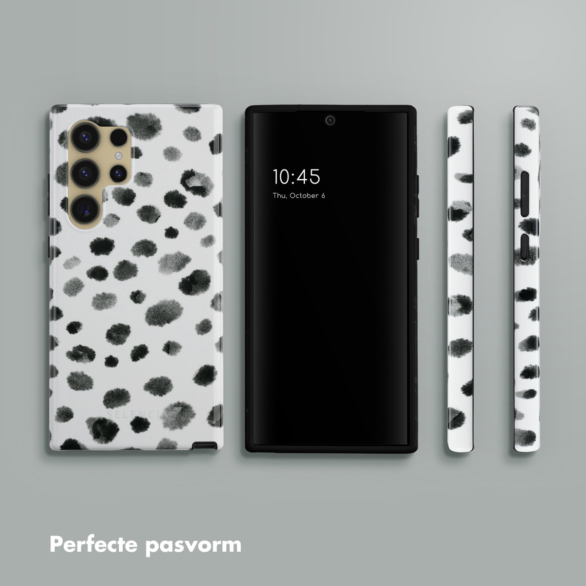Telefoon met een hoesje met Dalmatische print, en telefoon met scherm waarop 10:45 staat, met een zwarte achtergrond.