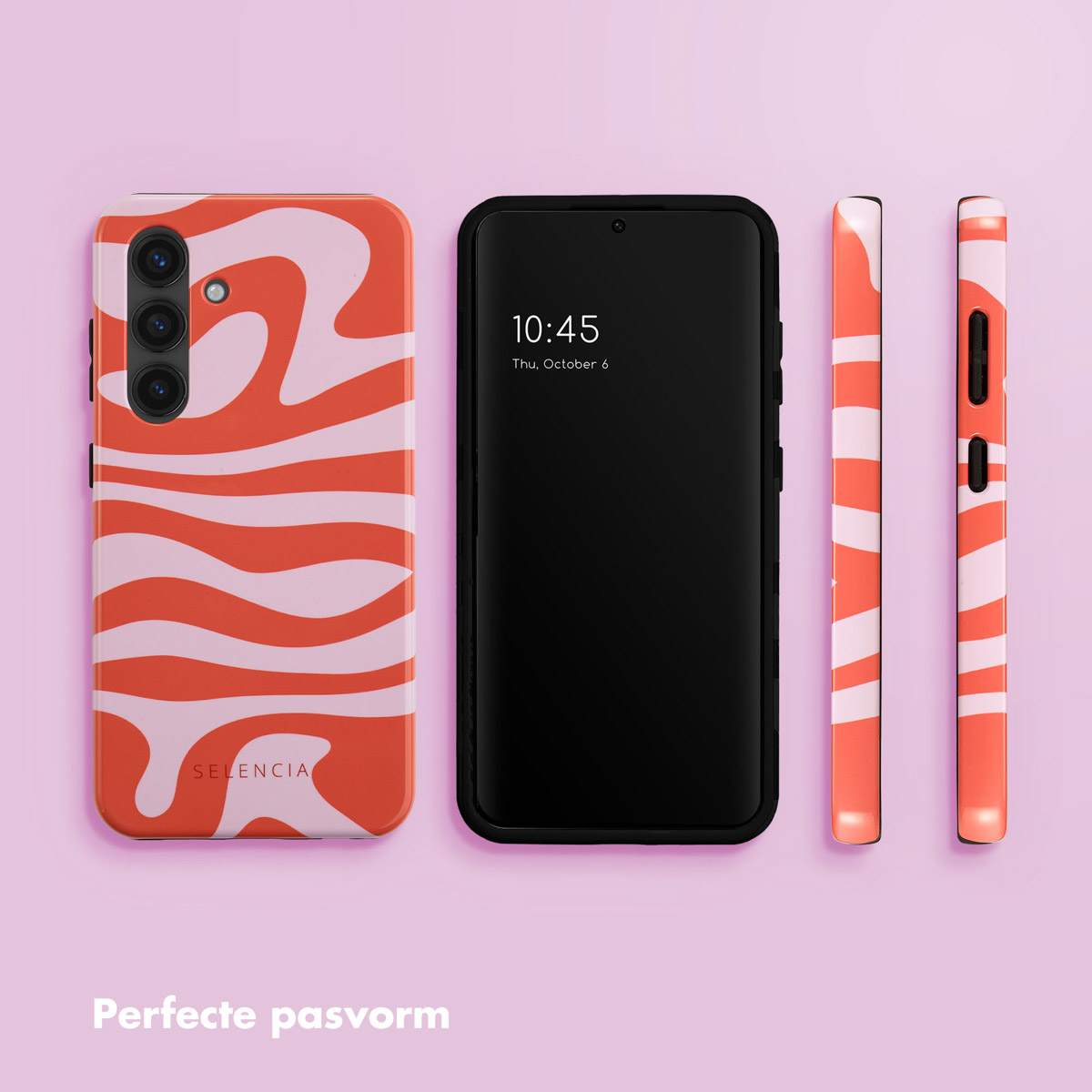 Ein Handy mit einem Korallen- und hellrosa Marmormuster-Cover liegt neben einem schwarzen Smartphone.