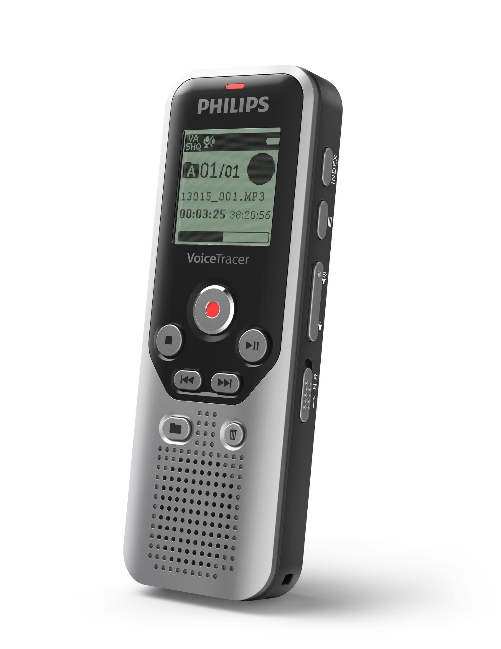Rejestrator głosu Philips VoiceTracer. Posiada ekran i przyciski sterowania.