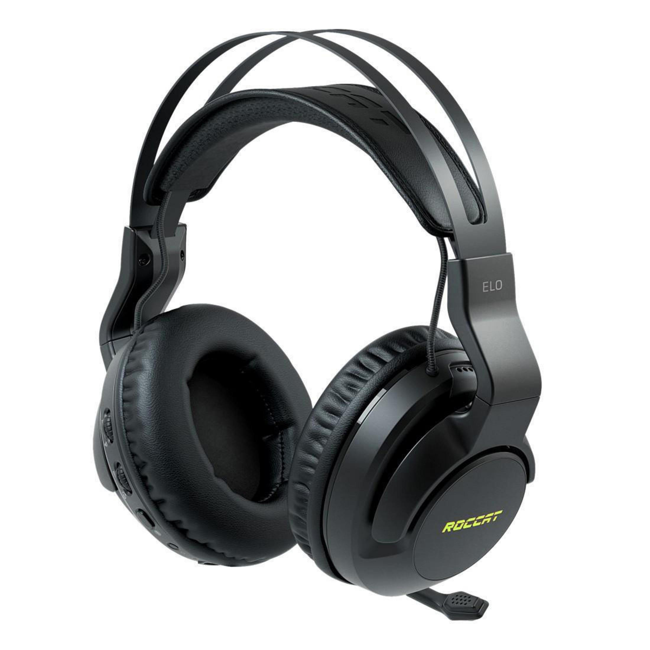 Schwarzer Gaming-Kopfhörer mit Mikrofon, nach links geneigt.