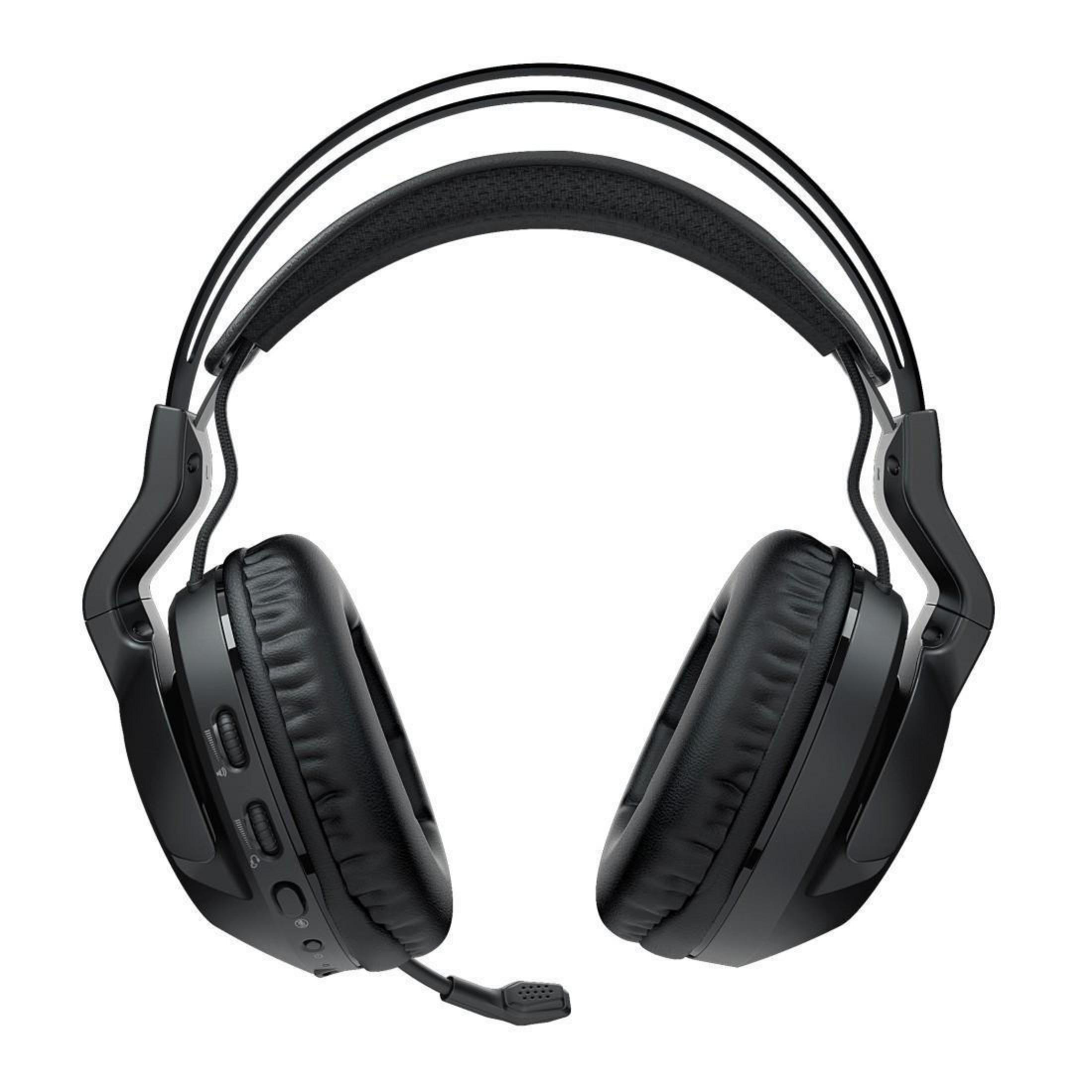 Schwarze Kopfhörer mit flexiblem Mikrofon. Das Design umfasst weiche Ohrmuscheln und ein Kopfband.